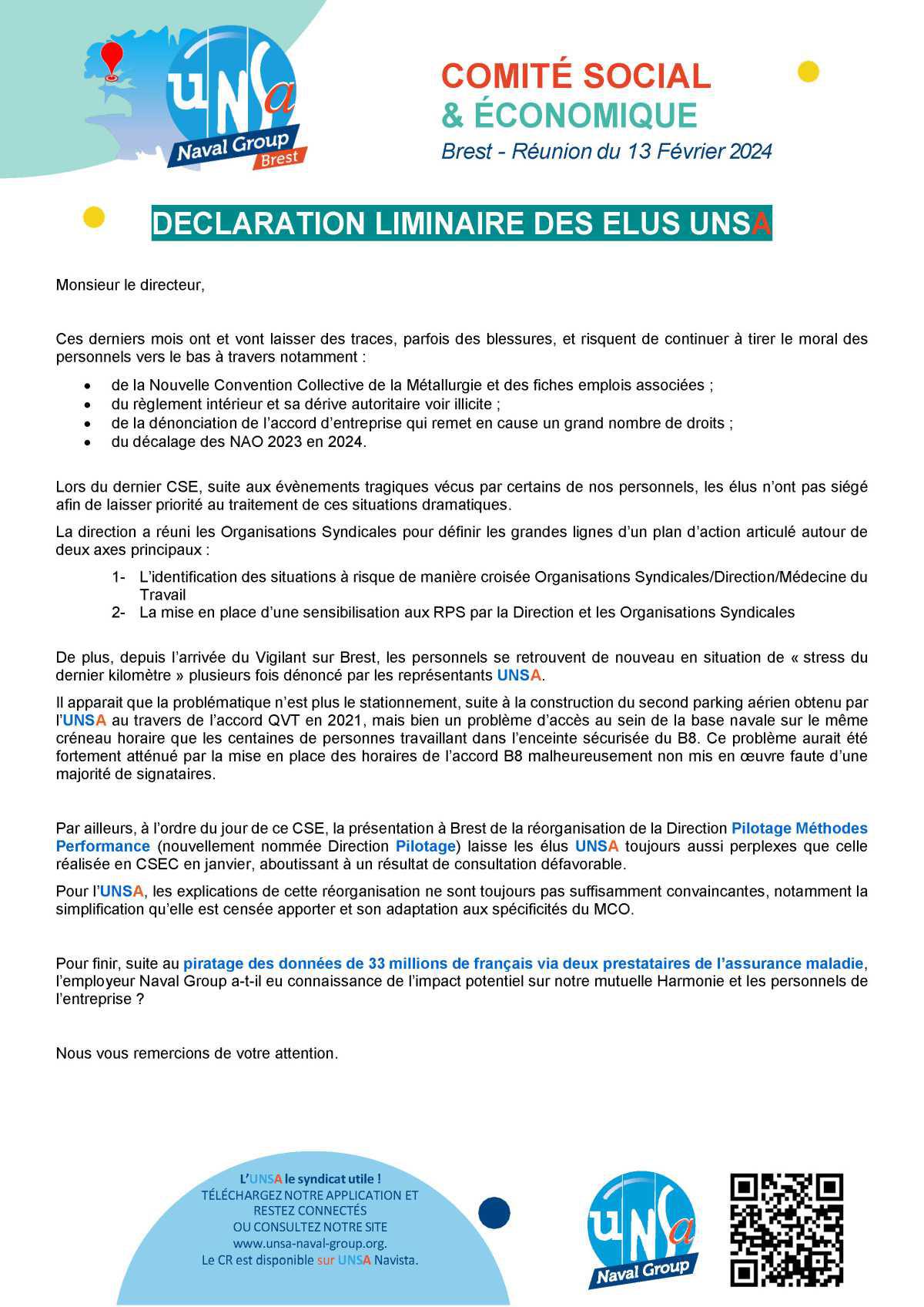CSE de Brest - Réunion 13 février 2024 - Déclaration liminaire
