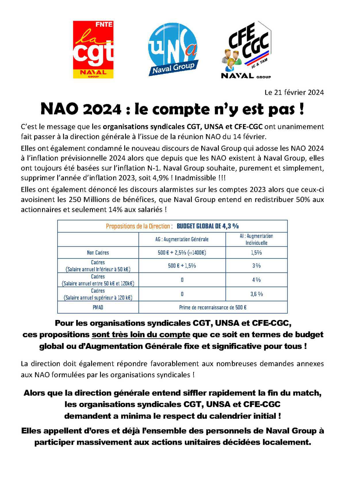 Réunion du 21 février 2024 - DL CGT/UNSA/CFE-CGC et DL UNSA