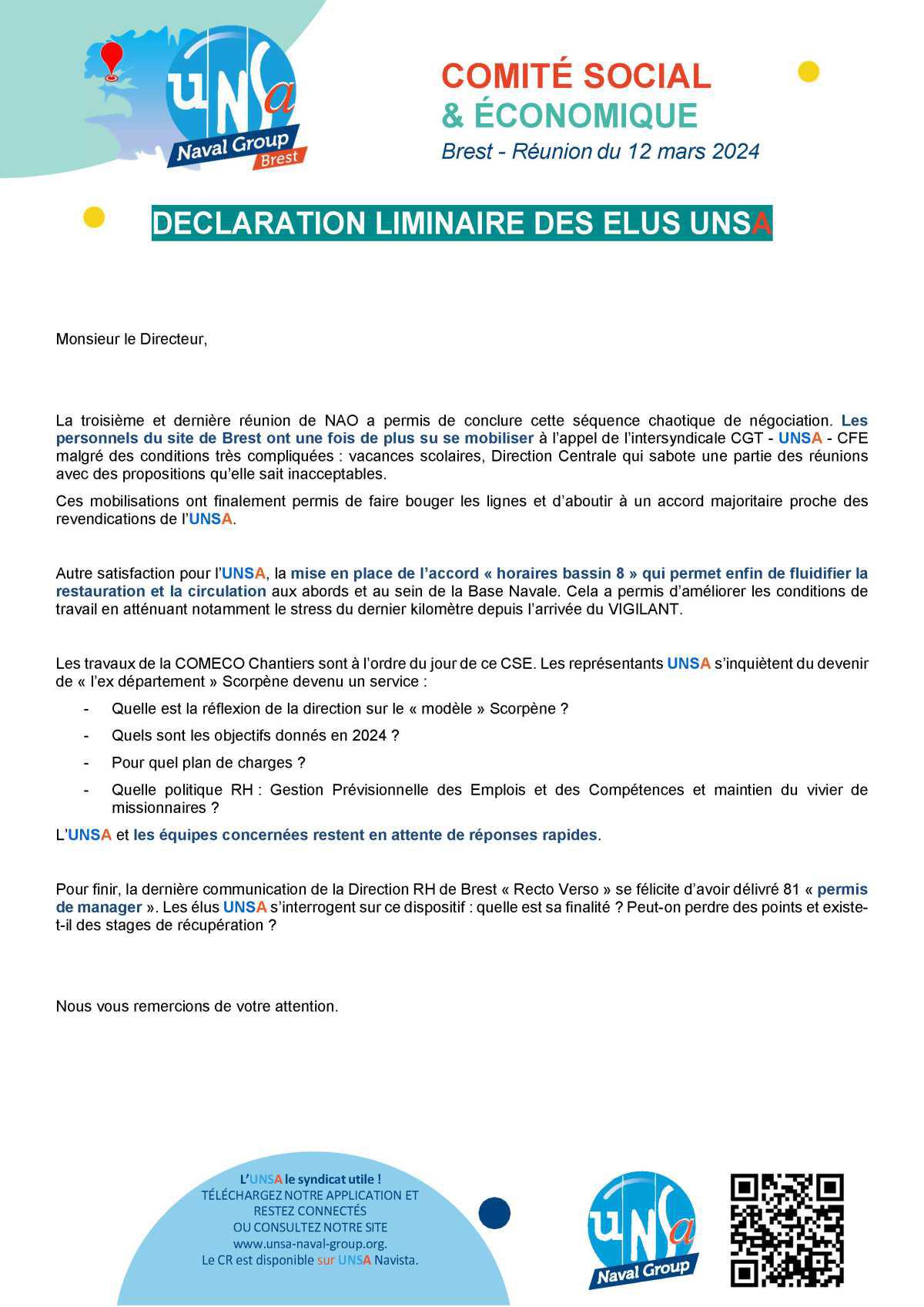 CSE de Brest - Réunion du 12 mars 2024 - Compte rendu