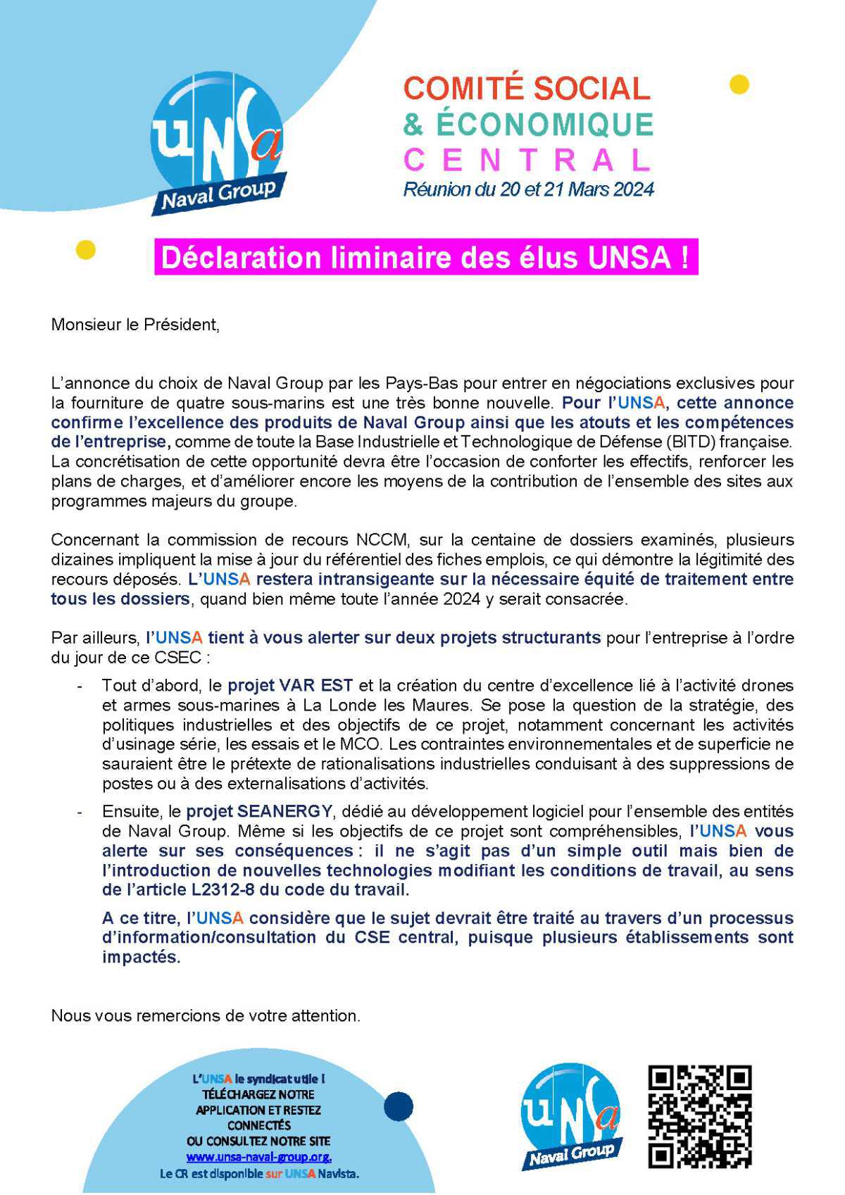 Réunion des 20 et 21 mars 2024 - Déclaration Liminaire UNSA