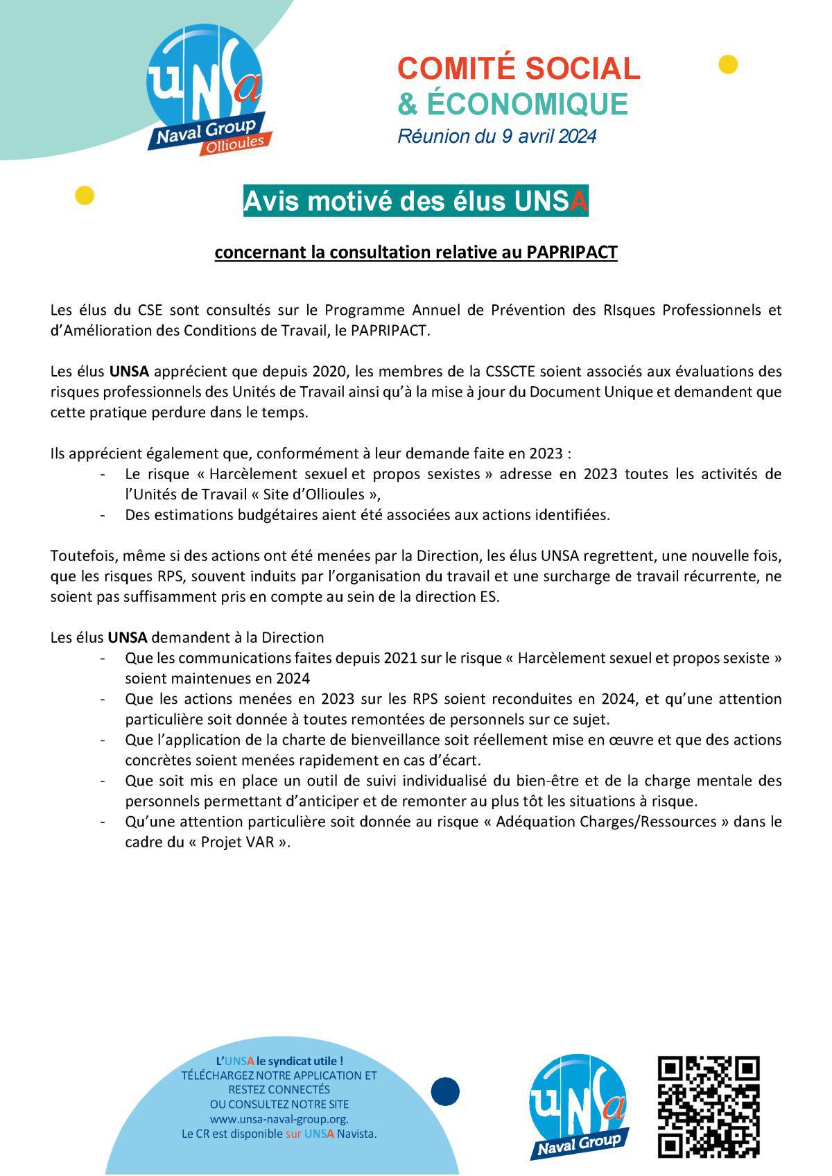 CSE d'Ollioules - Réunion du 09 Avril 2024 - Avis motivé UNSA - PAPRIPACT