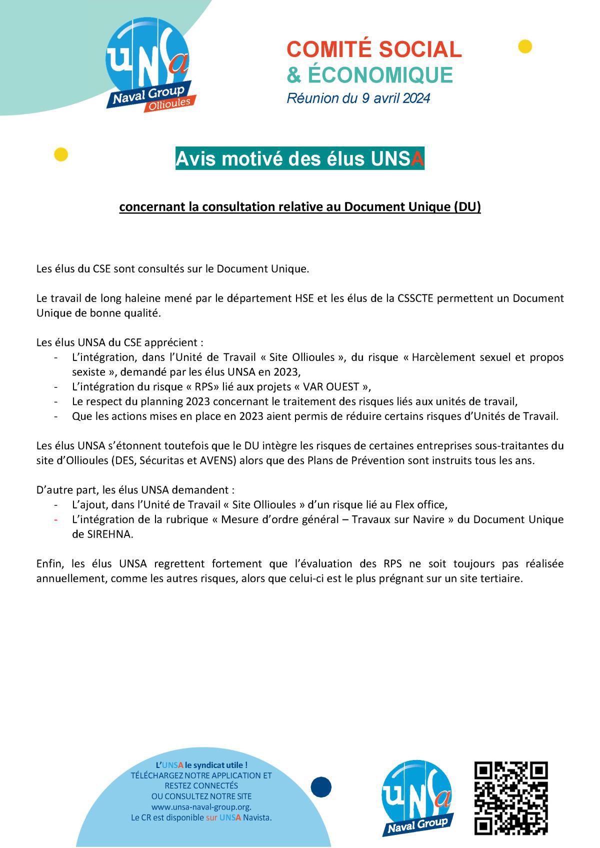 CSE d'Ollioules - Réunion du 09 Avril 2024 - Avis motivé UNSA - Document Unique (DU)
