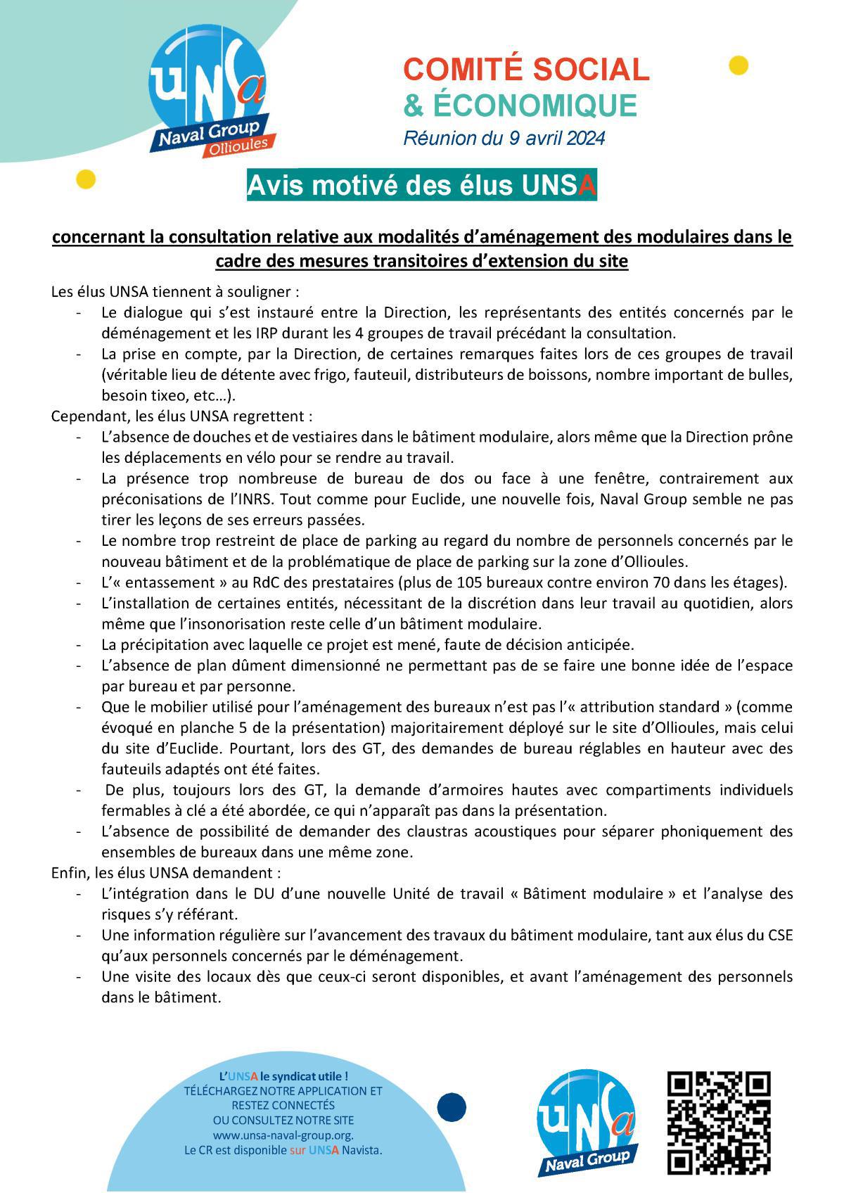 CSE d'Ollioules - Réunion du 09 Avril 2024 - Avis motivé UNSA - Aménagement des modulaires
