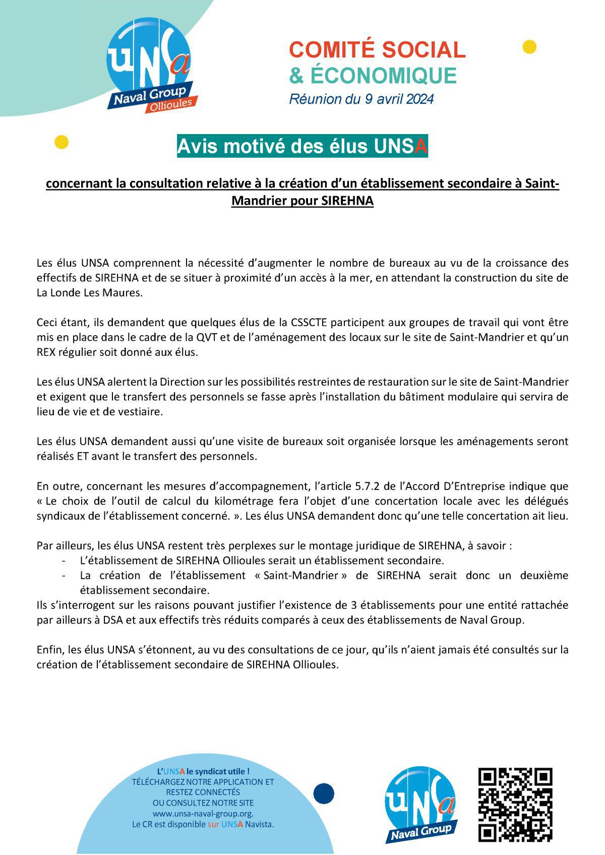CSE d'Ollioules - Réunion du 09 Avril 2024 - Avis motivé UNSA - Etablissement secondaire pour SIREHNA