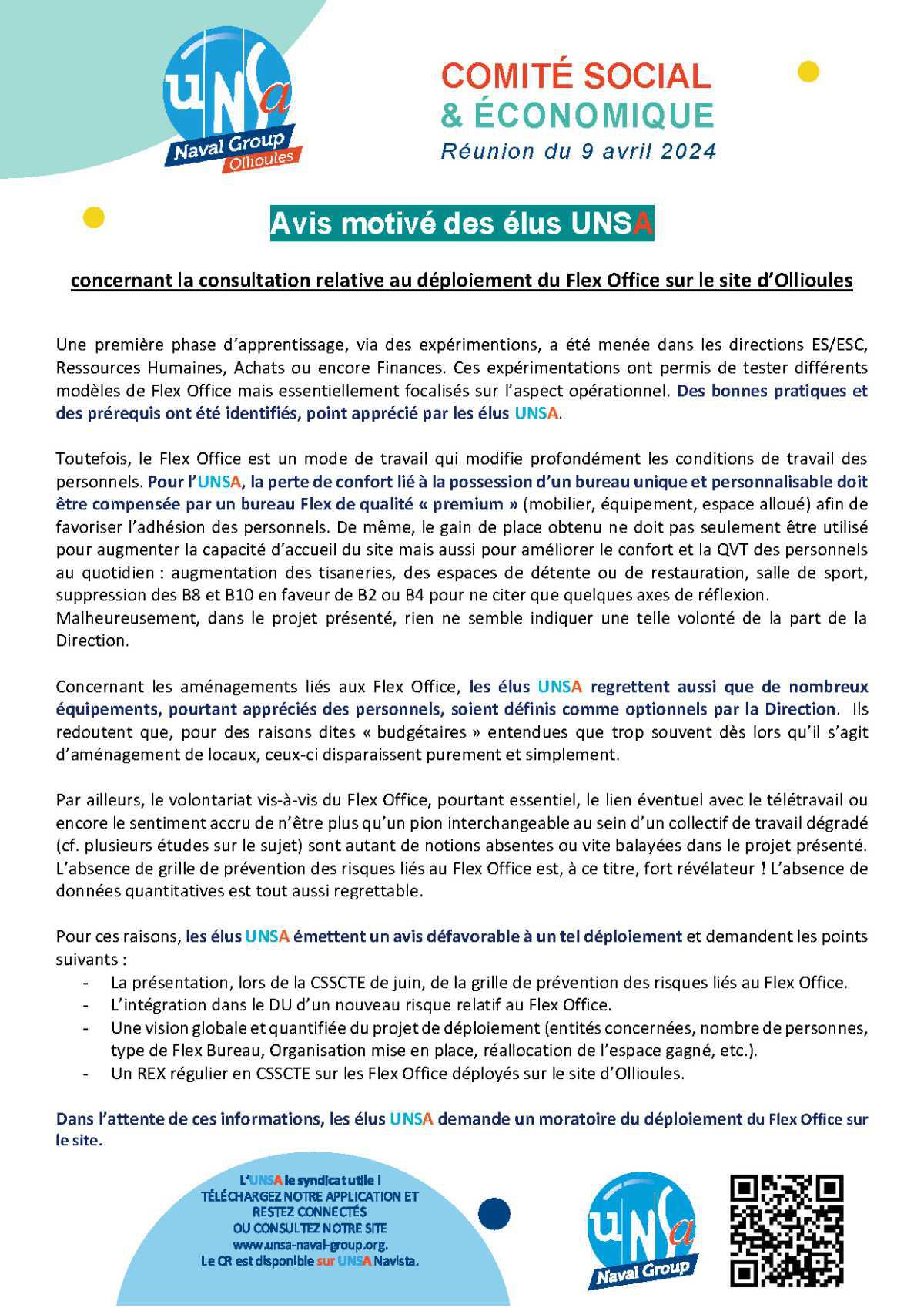 CSE d'Ollioules - Réunion du 9 Avril 2024 - Avis motivé UNSA - Déploiement du Flex Office 