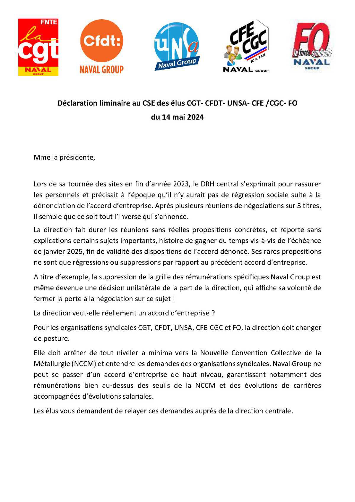 CSE de Cherbourg - 14 mai 2024 - Déclaration liminiaire Intersyndicale