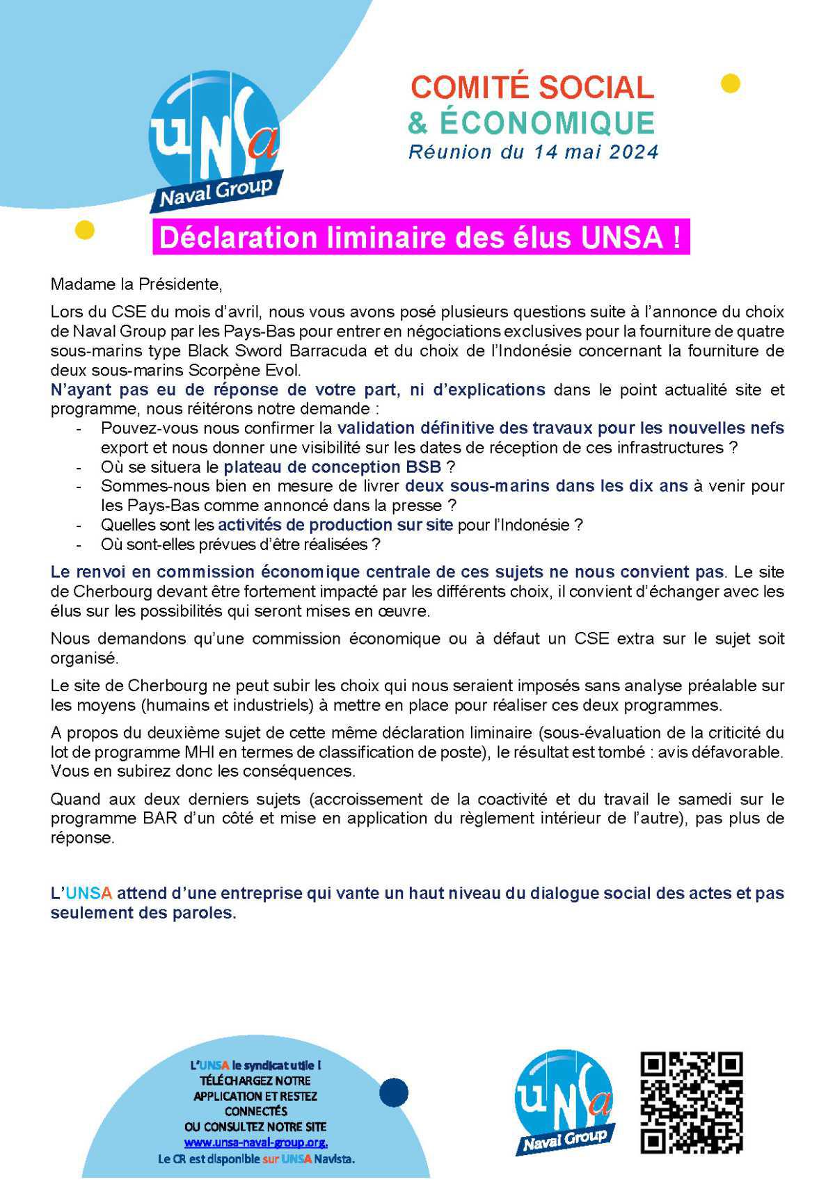 CSE de Cherbourg - 14 mai 2024 - Déclaration liminiaire