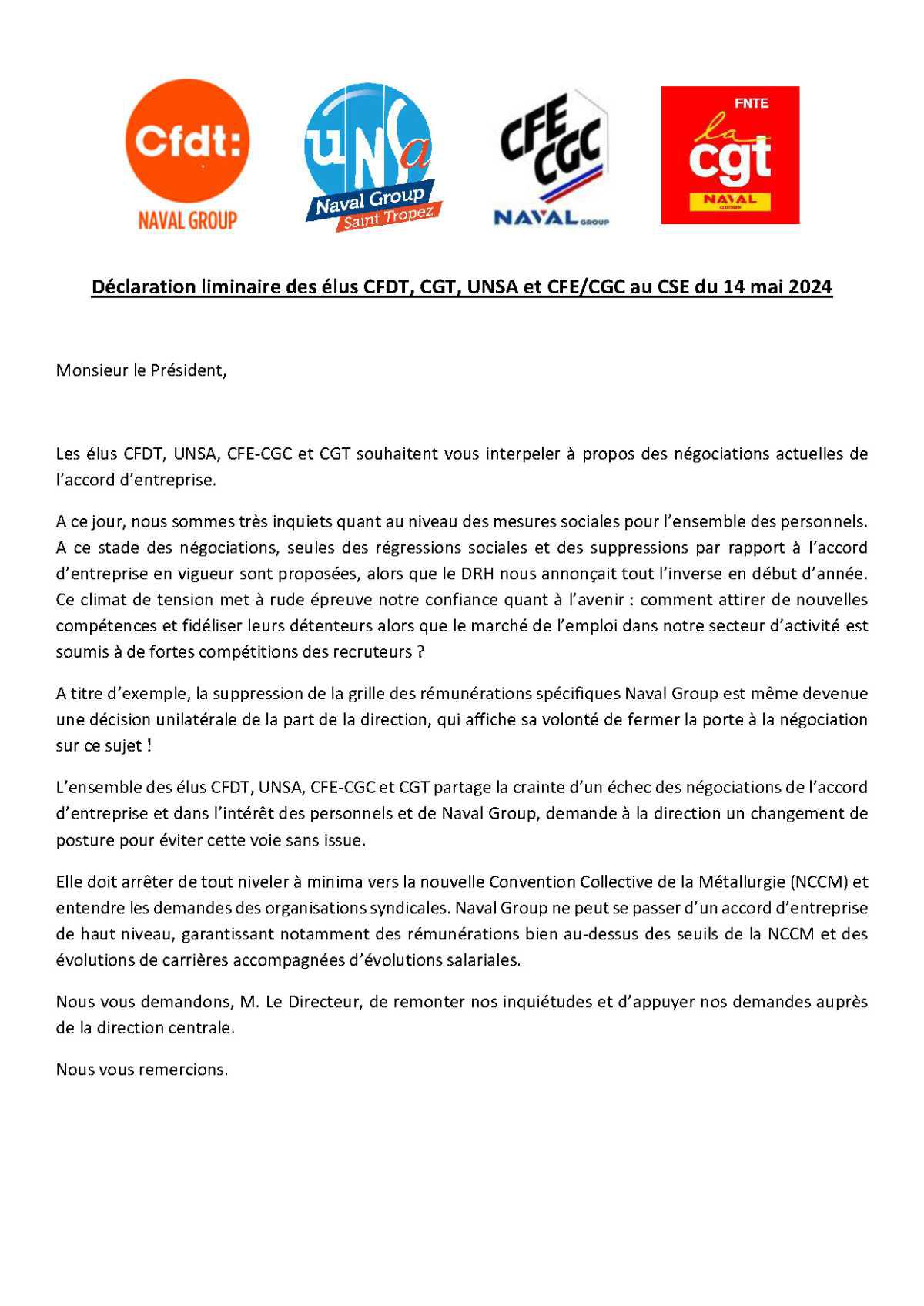 CSE de Saint Tropez - Réunion du 14 mai - Déclaration liminaire Intersyndicale