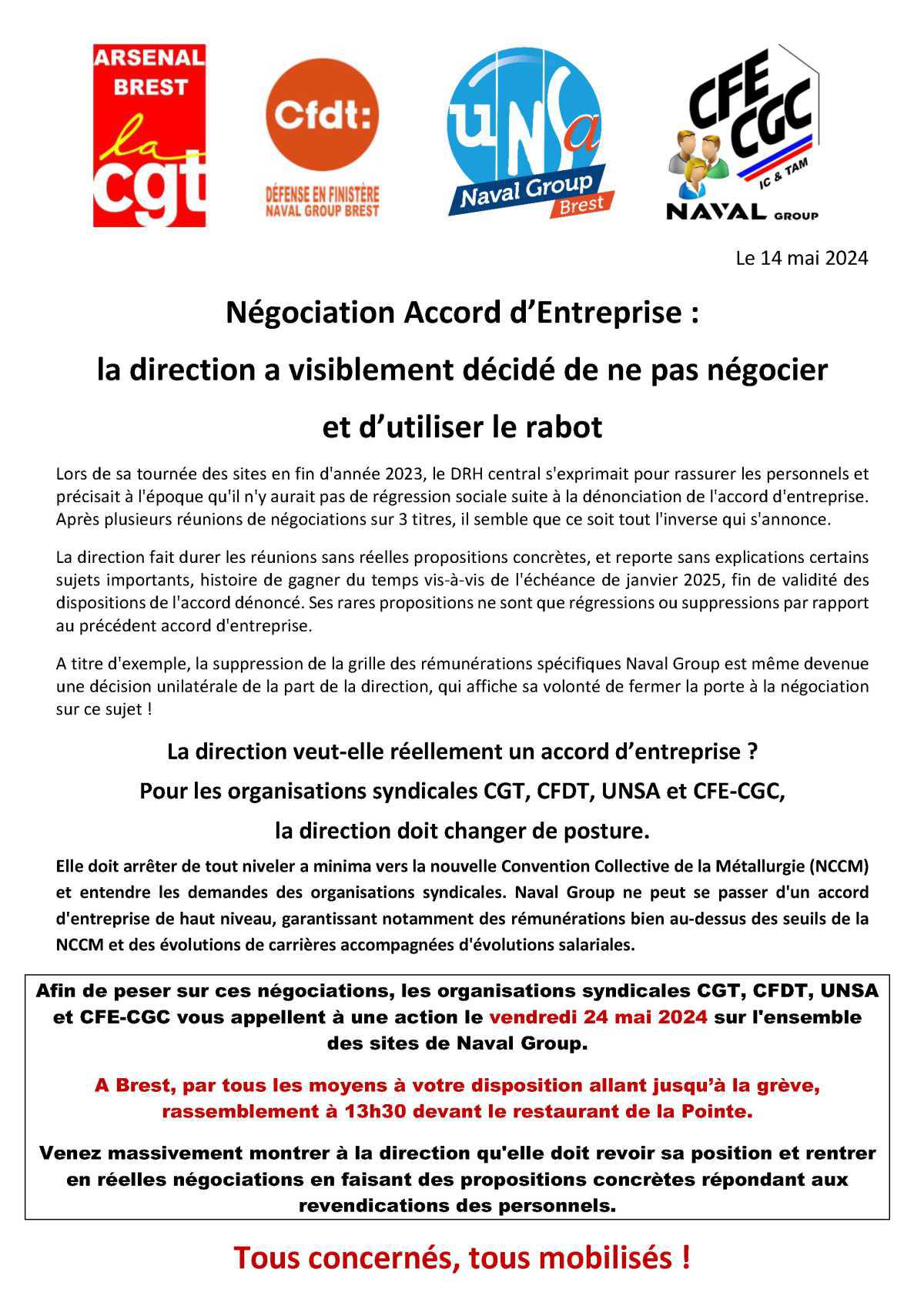 Brest - Négociation du nouvel Accord d'Entreprise : Le 24 mai, Tous concernés, Tous mobilisés !