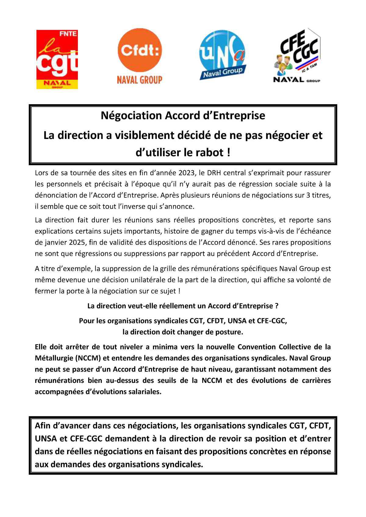 Négociation de l'Accord d'Entreprise : La direction a visiblement décidé de ne pas négocier et d’utiliser le rabot !