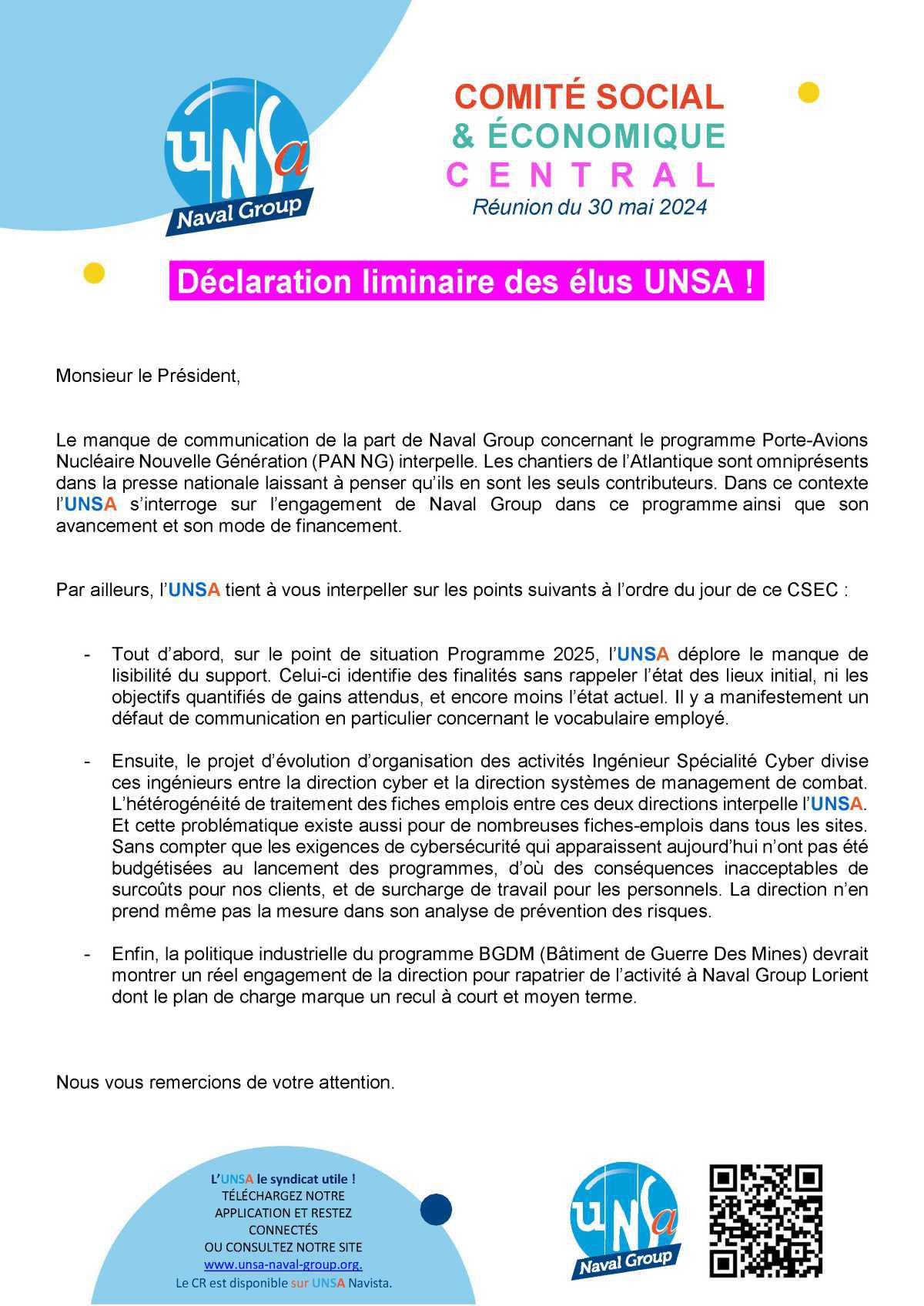 Réunion du 30 mai 2024 - Déclaration Liminaire UNSA