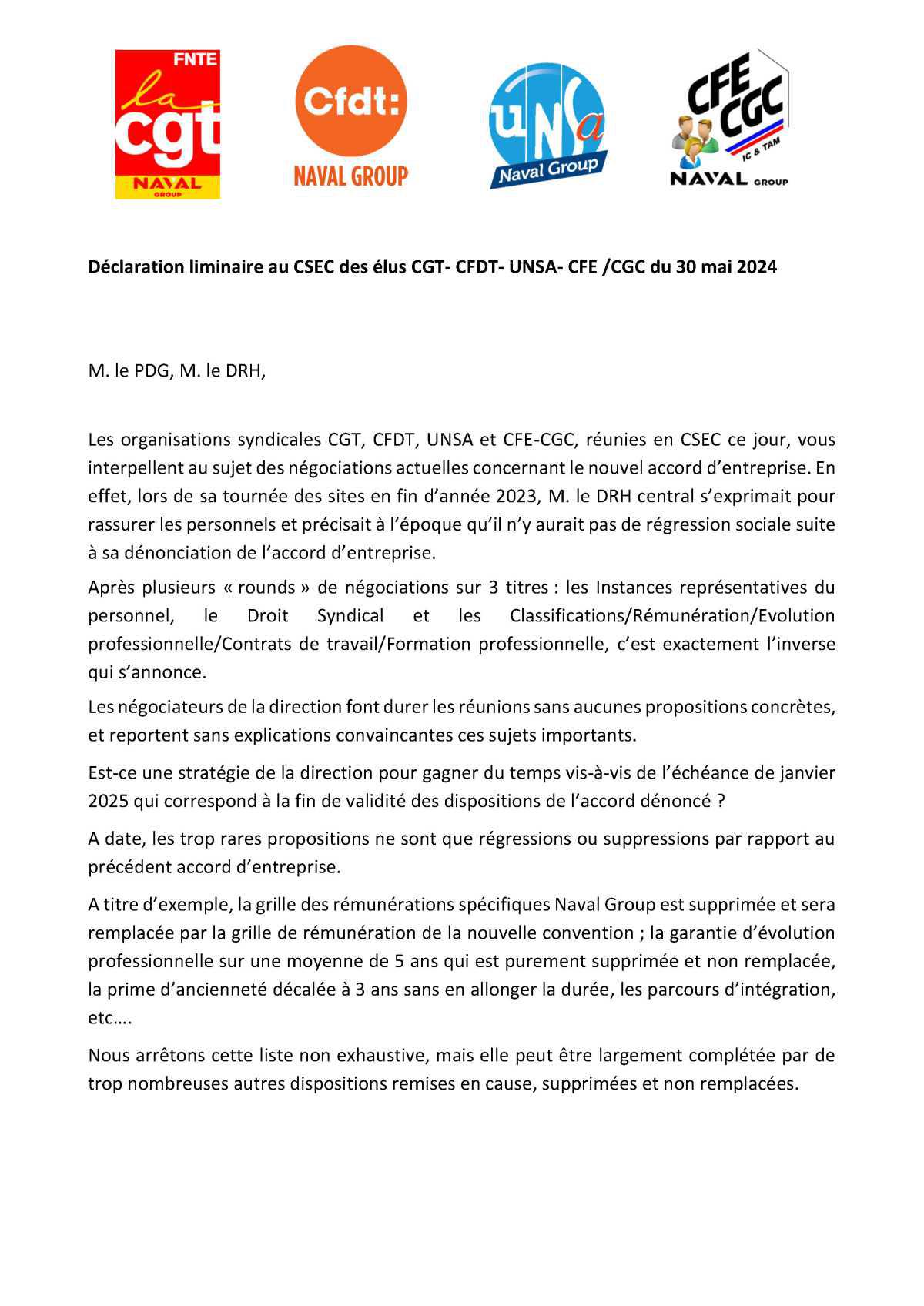 Réunion du 30 mai 2024 - Déclaration Liminaire Intersyndicale