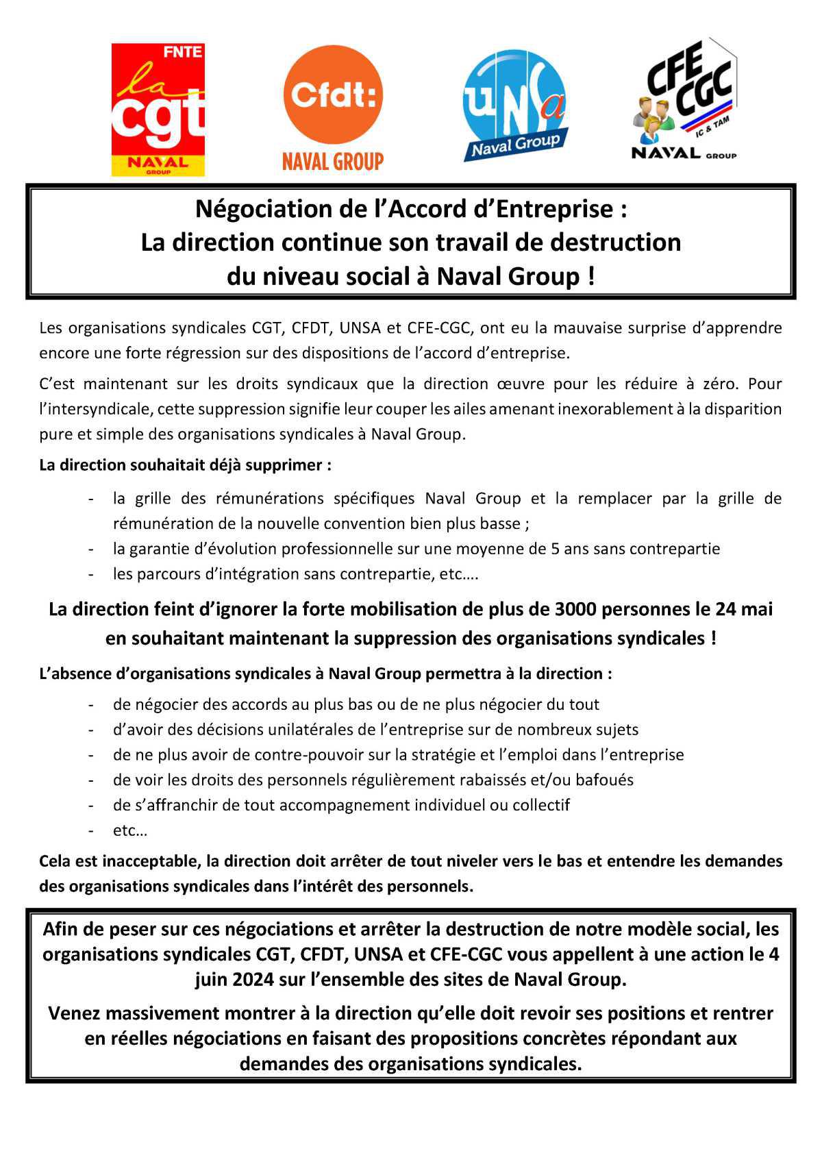 Négociation de l'Accord d'Entreprise : Communication Intersyndicale - La direction continue son travail de destruction du niveau social à Naval Group !