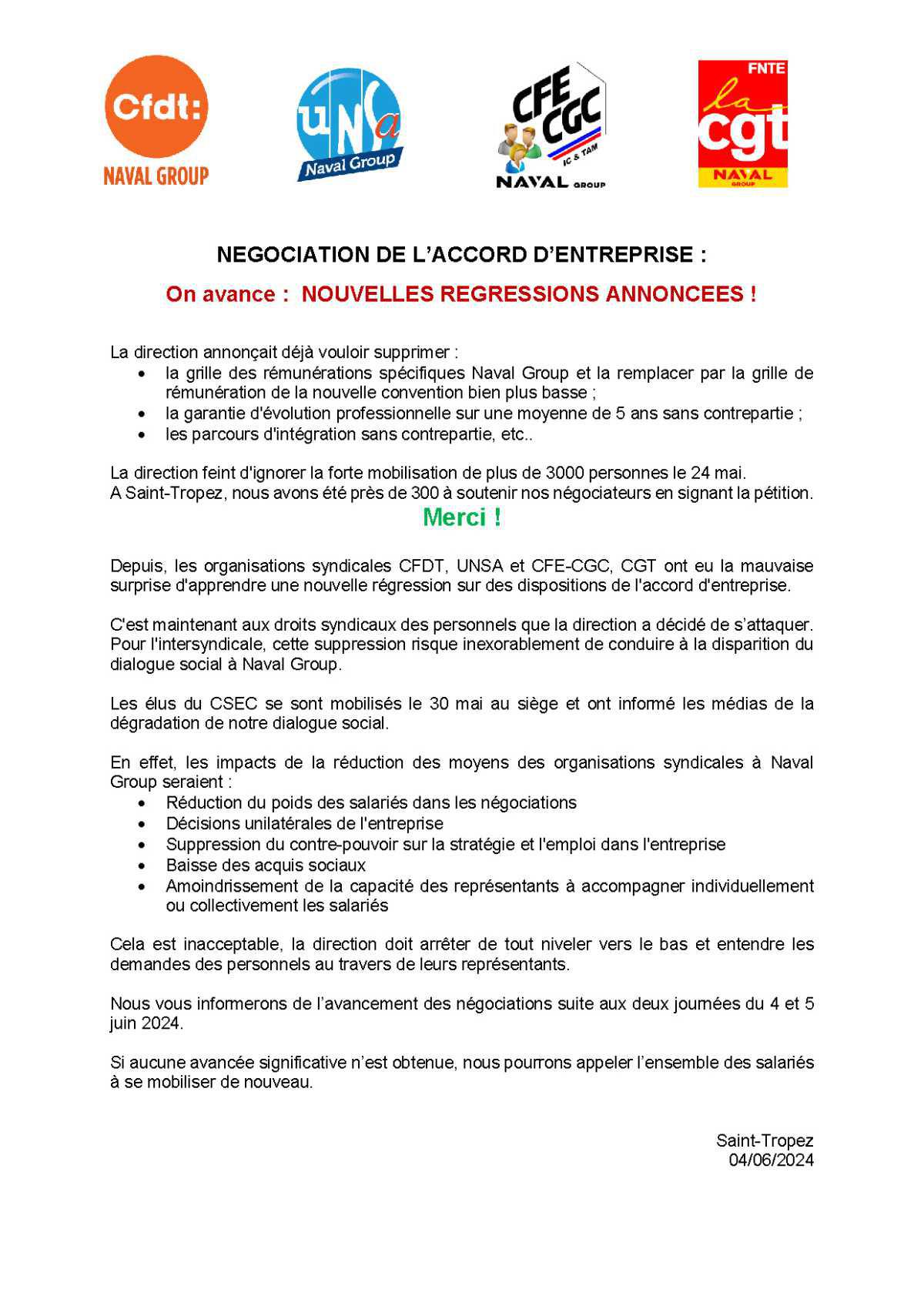 Négociation de l'AE : Saint Tropez, Appel Intersyndical - Mardi 4 juin, tous concernés, tous mobilisés !