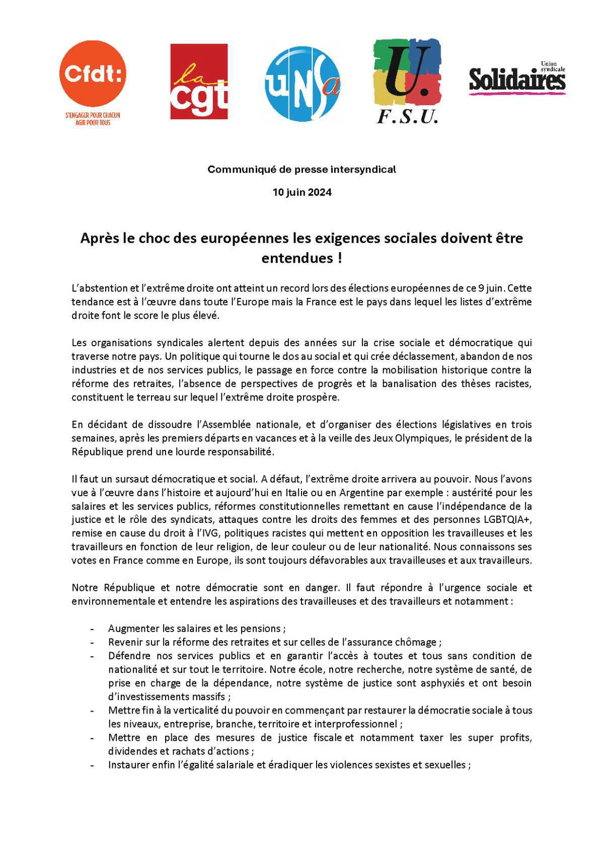 Communiqué de presse intersyndical - 10 juin 2024