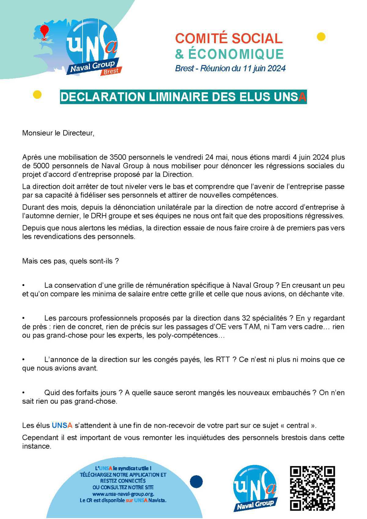 CSE de Brest - Réunion du 11 juin 2024 - Déclaration liminaire