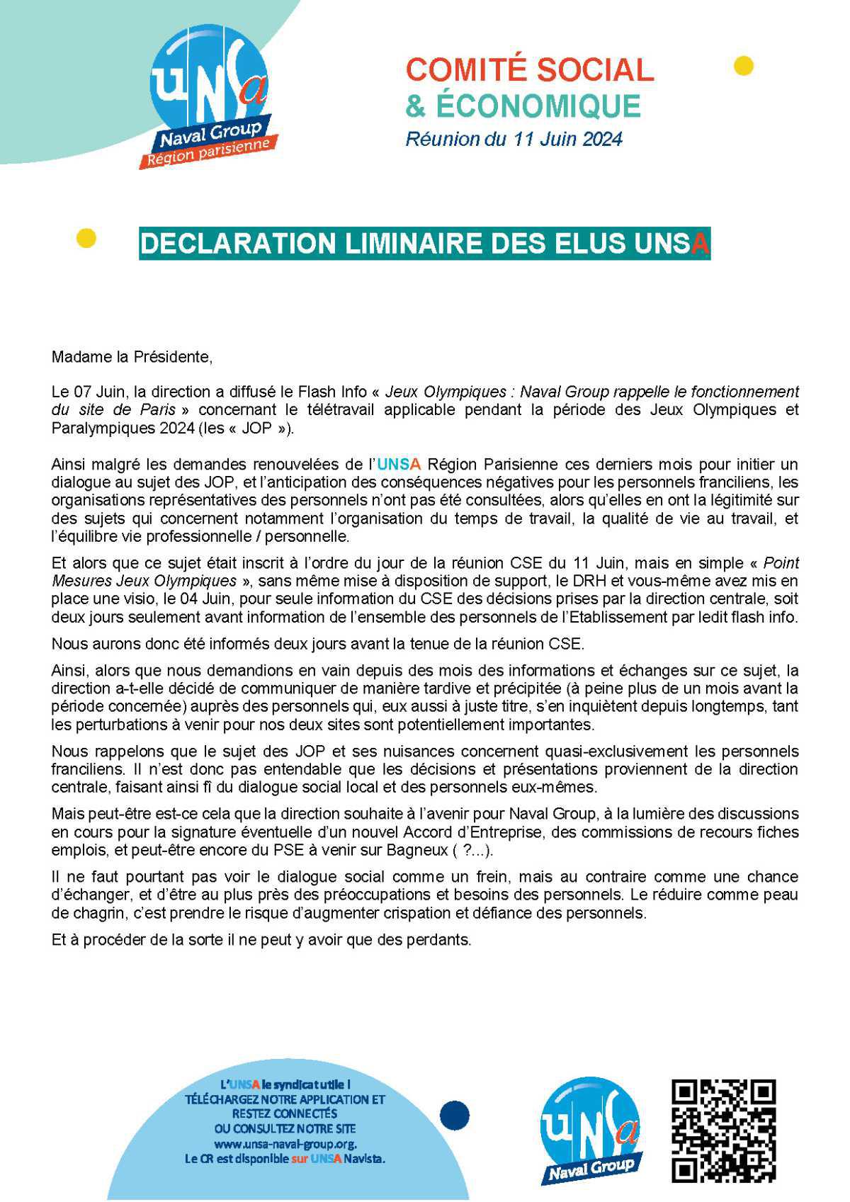 CSE Région Parisienne - Réunion du 11 juin 2024 - Déclaration liminaire