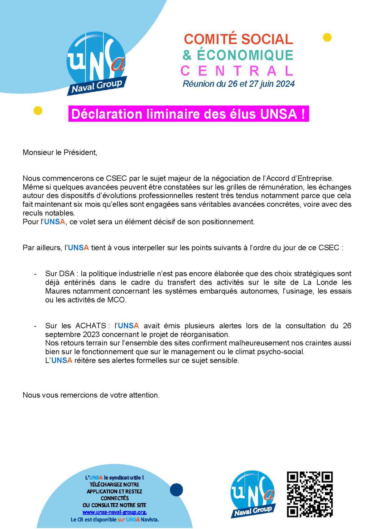 Réunion du 26 et 27 juin 2024 - Déclaration Liminaire UNSA