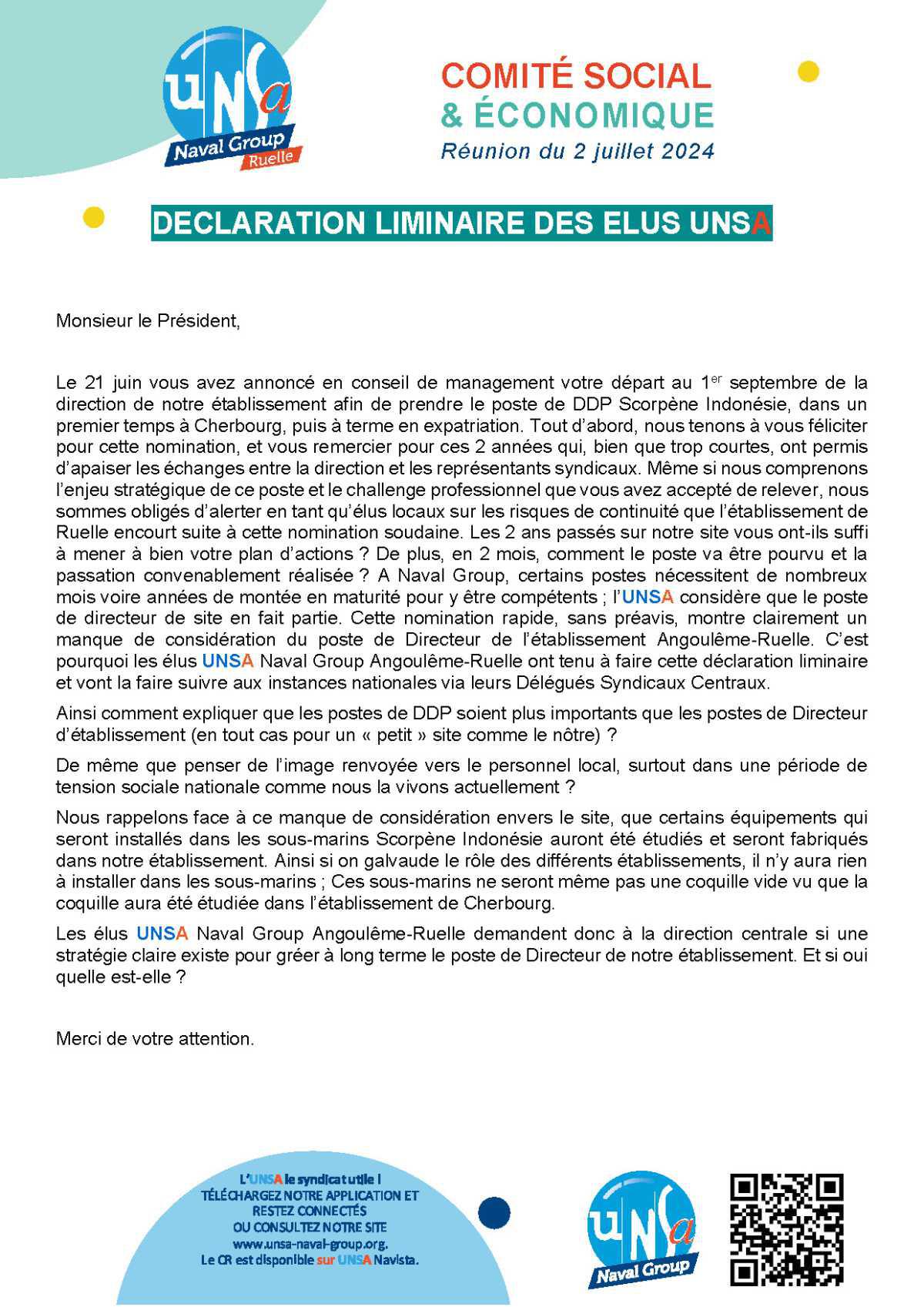 CSE de Ruelle - Réunion du 2 juillet 2024 - Déclaration liminaire