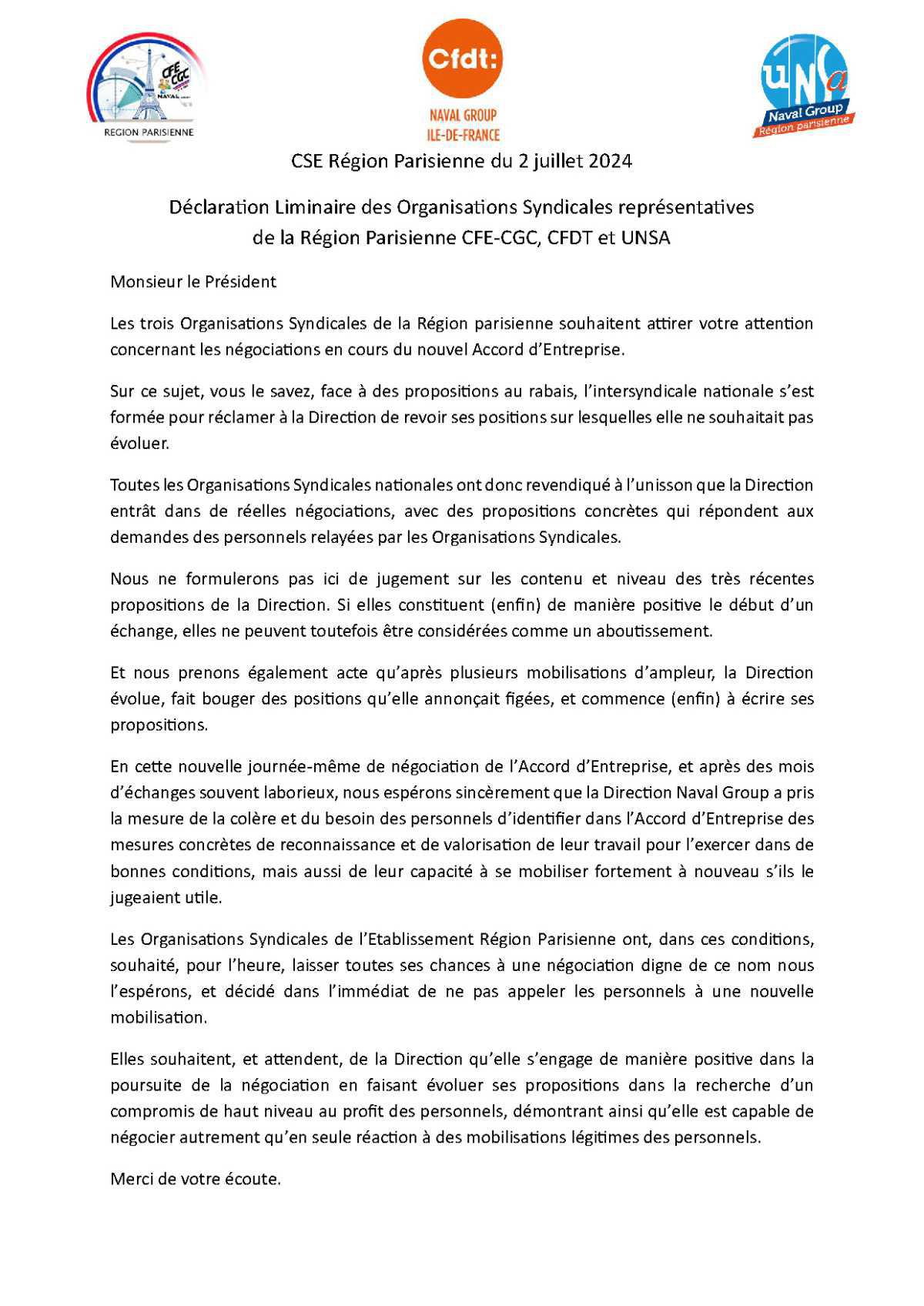 CSE Région Parisienne - Réunion du 2 juillet 2024 - Déclaration liminaire Intersyndicale