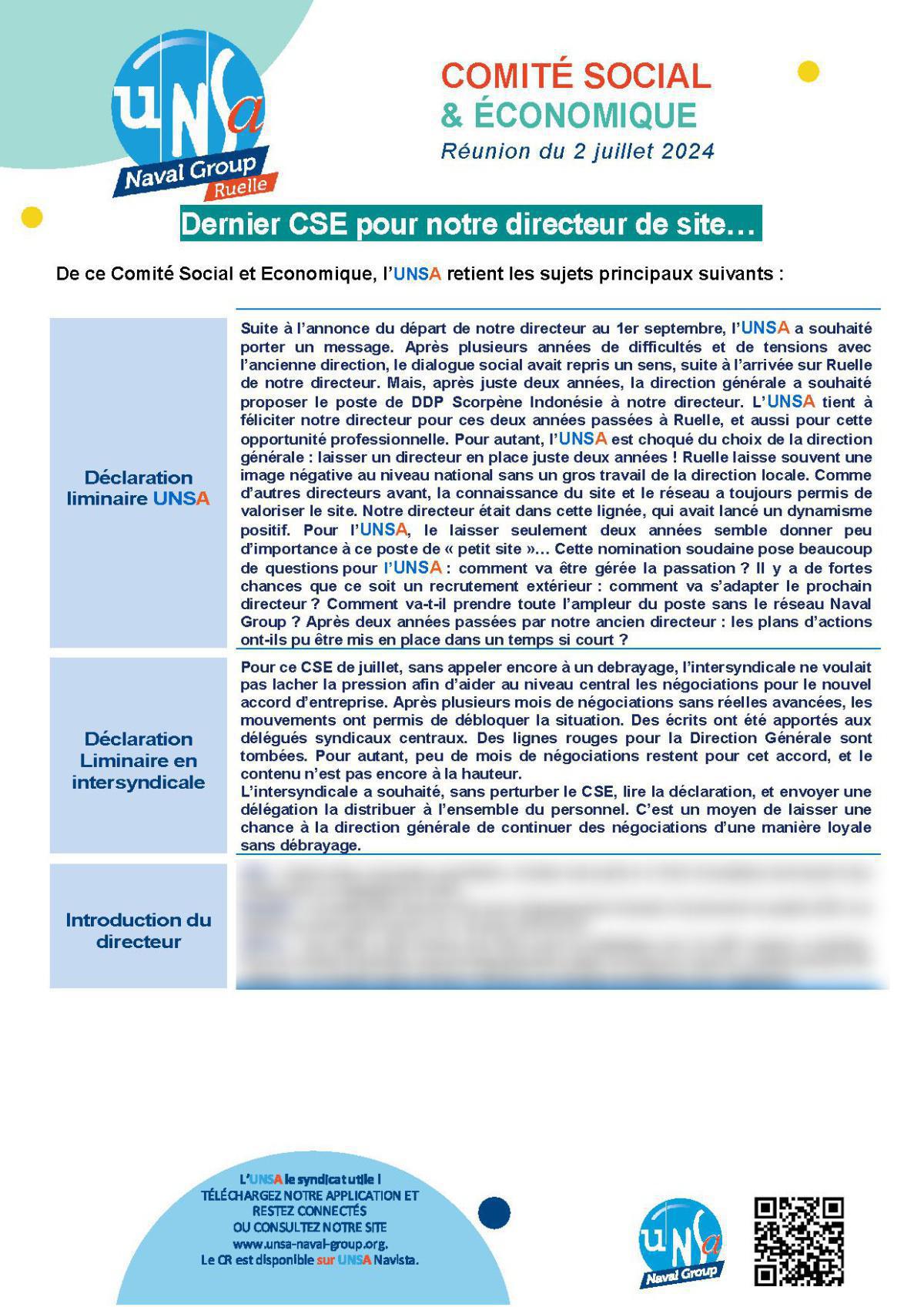 CSE de Ruelle - Réunion du 2 juillet 2024 - Compte-rendu CSE de Ruelle - Réunion du 2 juillet 2024 - Compte-rendu