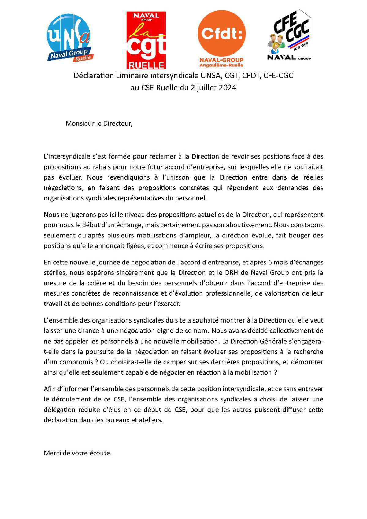 CSE de Ruelle - Réunion du 2 juillet 2024 - Déclaration liminaire Intersyndicale