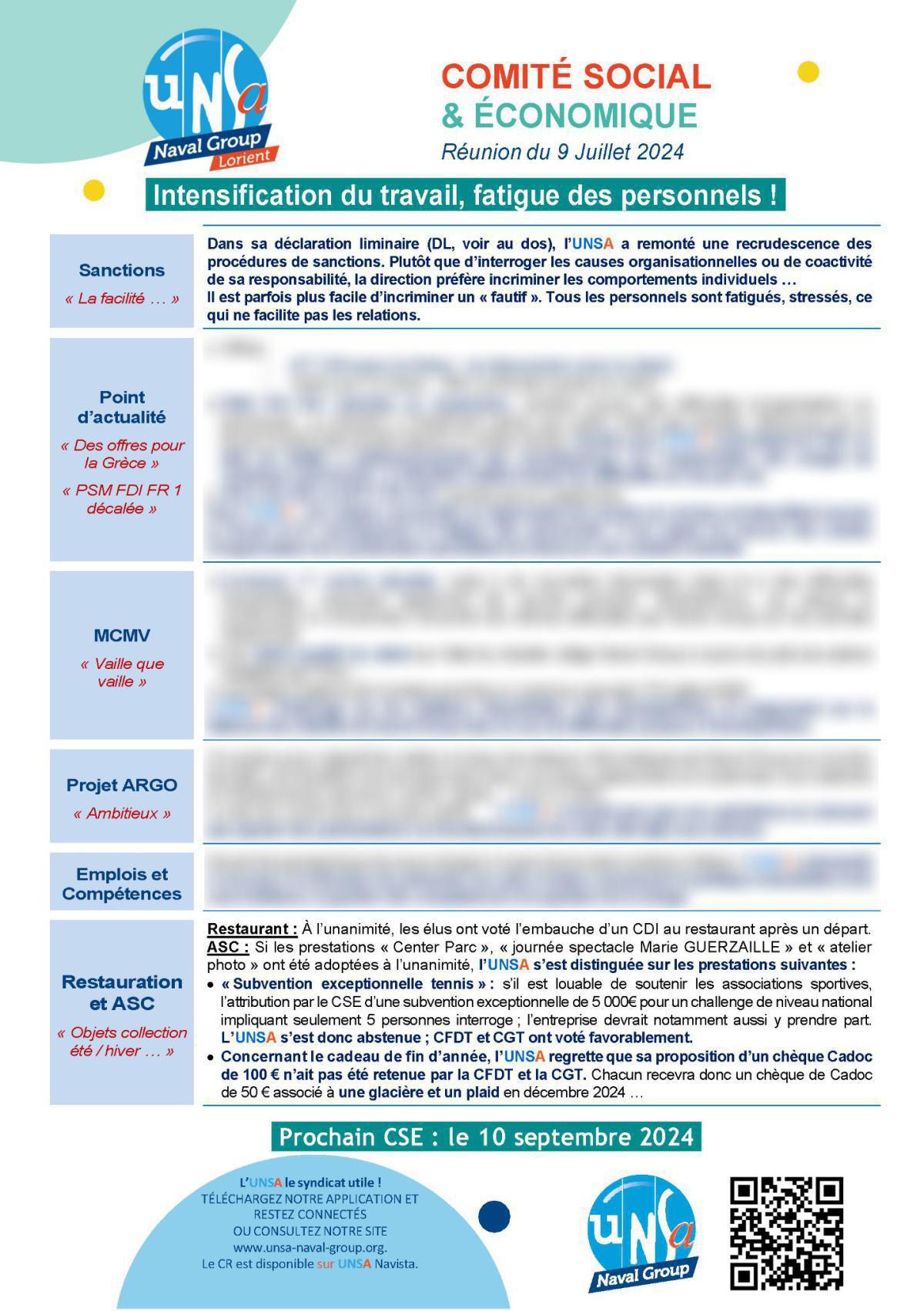 CSE de Lorient - Réunion du 9 juillet 2024 - Compte rendu CSE de Lorient - Réunion du 9 juillet 2024 - Compte rendu