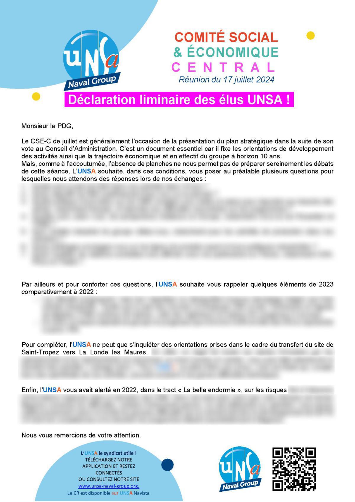 Réunion du 17 juillet 2024 - Déclaration Liminaire UNSA