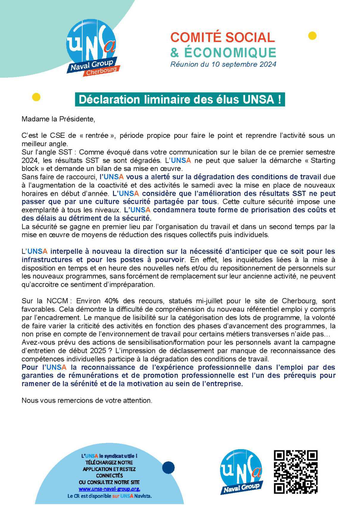 CSE de Cherbourg - le 10 septembre 2024 - Déclaration liminiaire