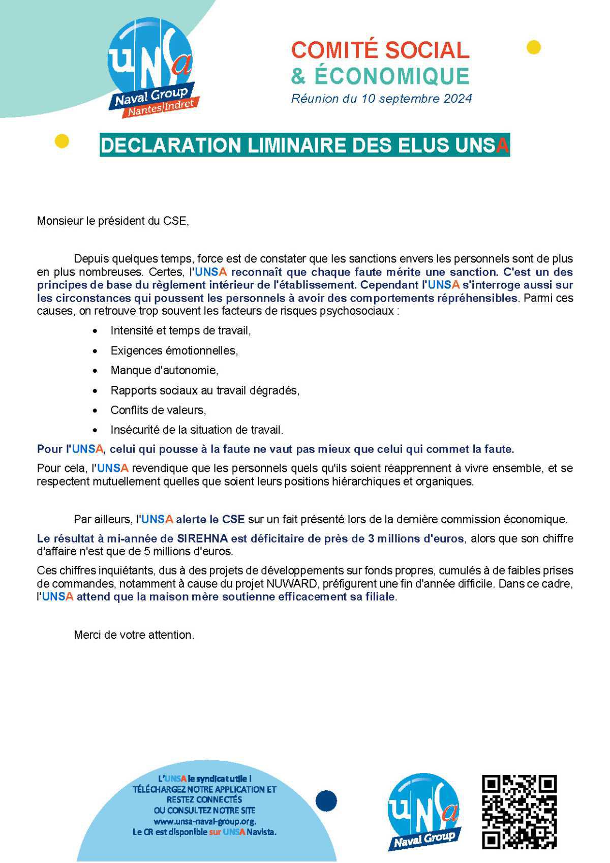 CSE d'Indret - Réunion du 10 septembre 2024 - Déclaration liminaire