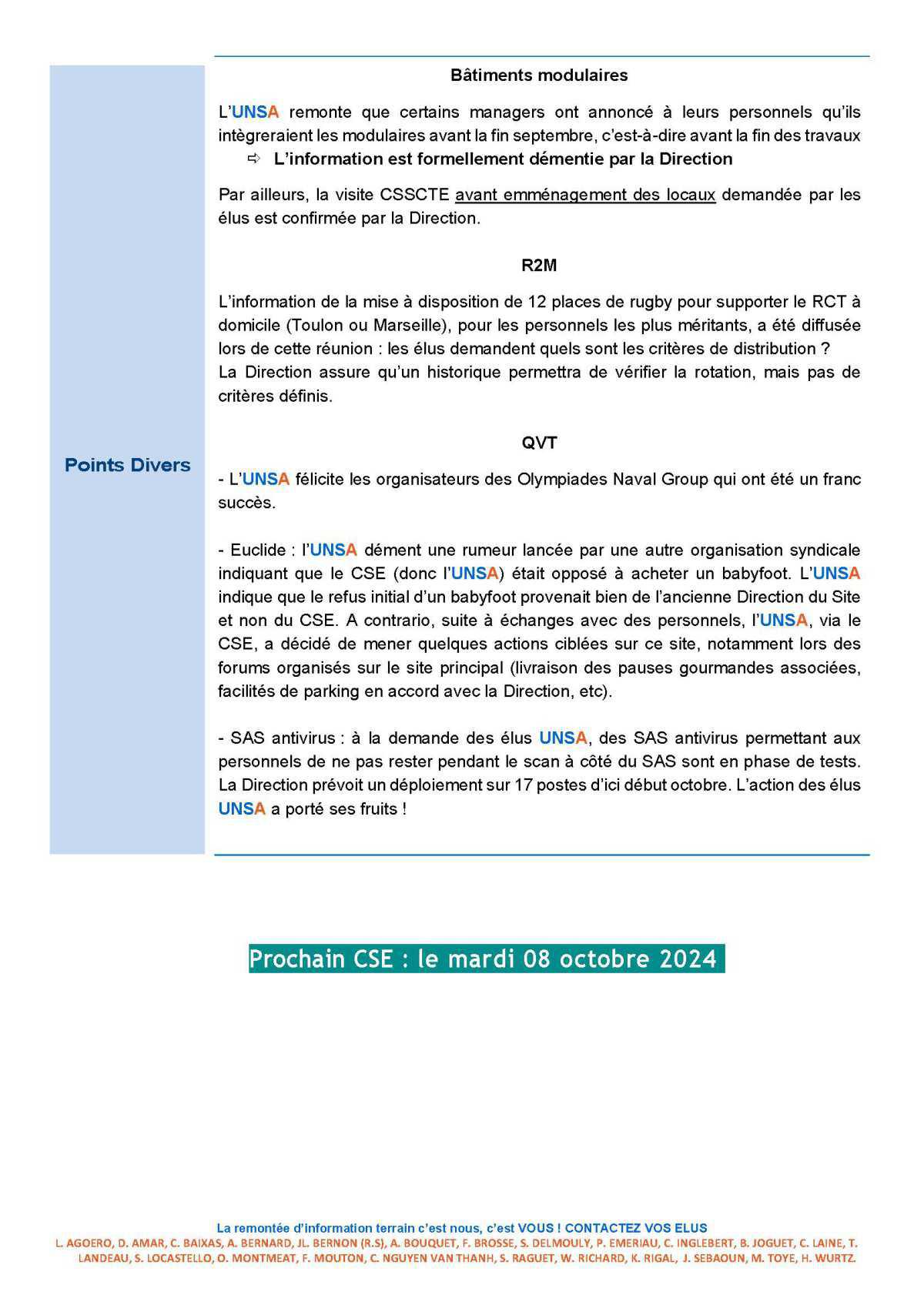 CSE d'Ollioules - Réunion du 10 septembre 2024 - Compte rendu