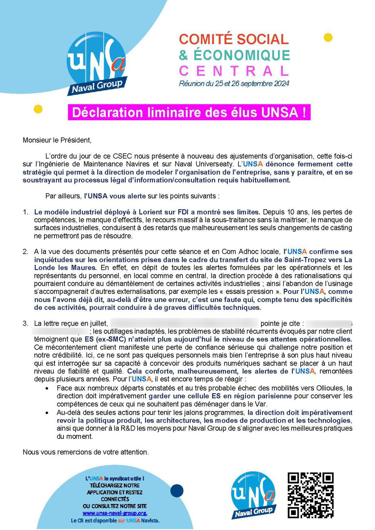 Réunion du 25 et 26 septembre - Déclaration liminaire