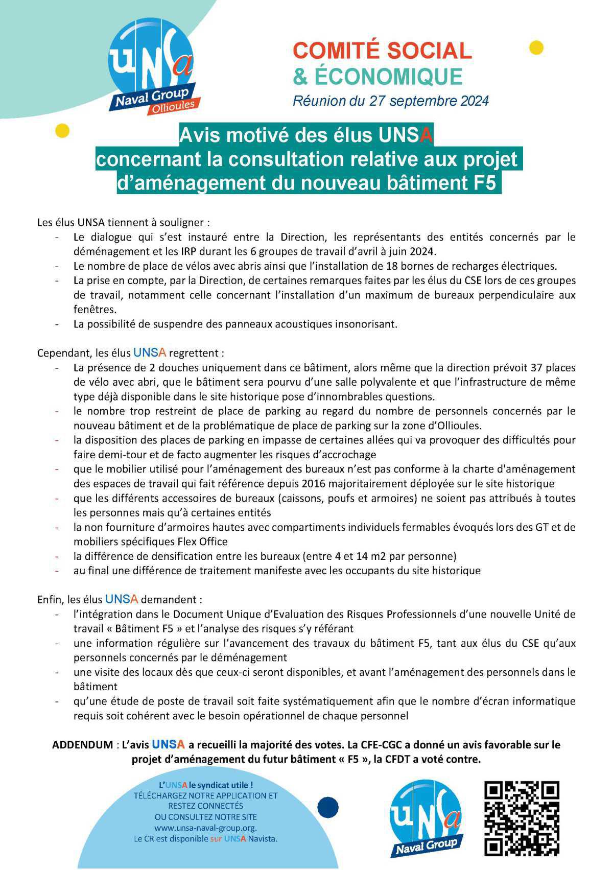 CSE extraordinaire Ollioules du 27 Septembre 2024 - Avis motivé des élus UNSA - Aménagement du Batiment F5