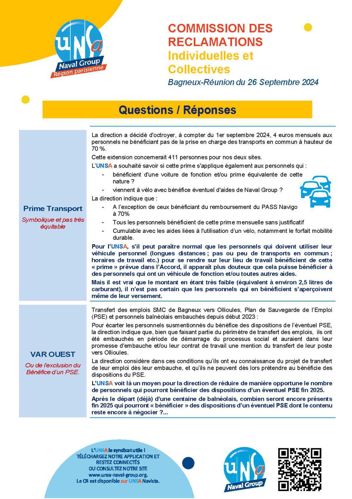 Commission des réclamations individuelles et collectives - Réunion du 26 septembre - Compte rendu