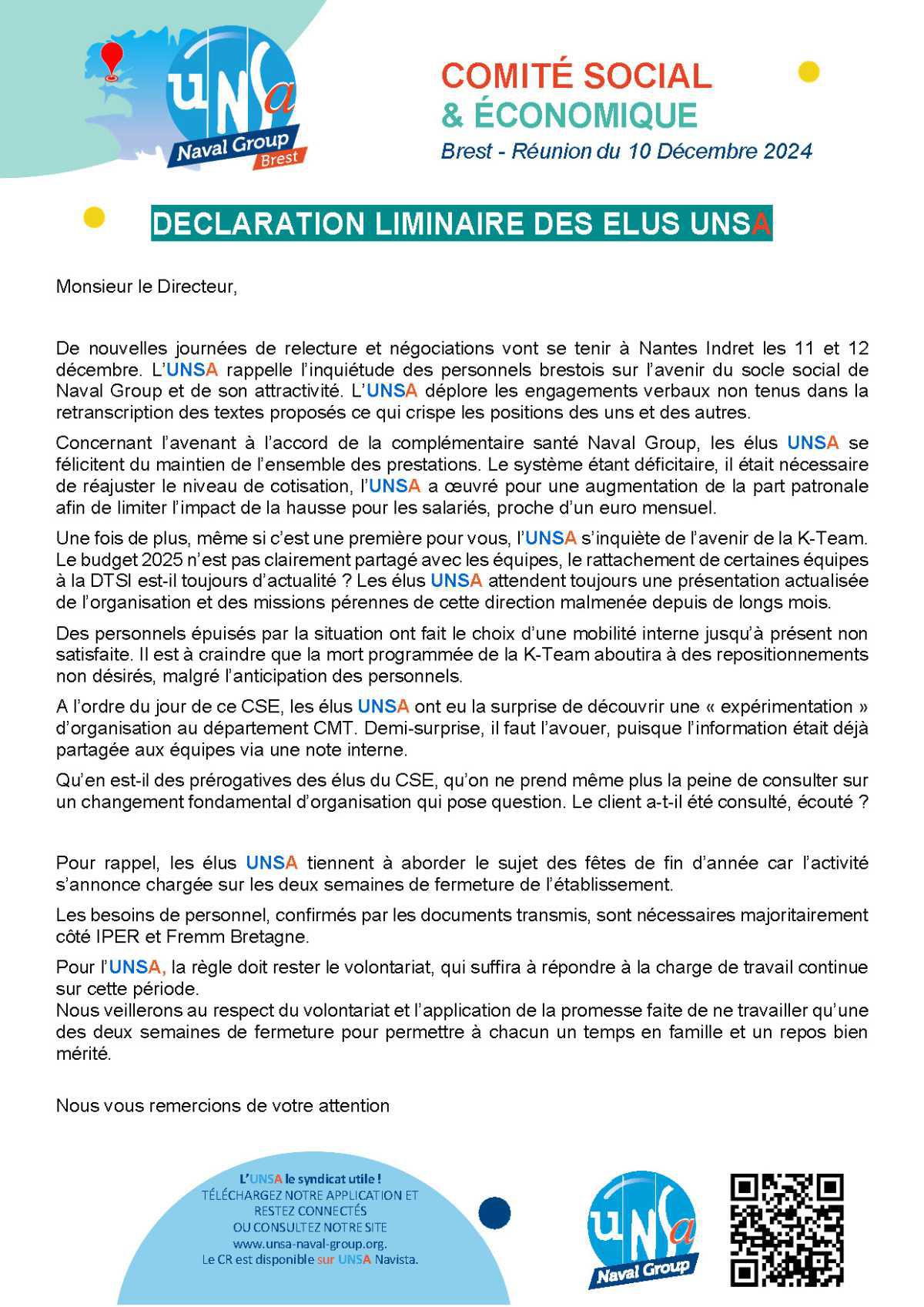 CSE de Brest - Réunion du 10 décembre 2024 - Compte rendu et Déclaration Liminaire