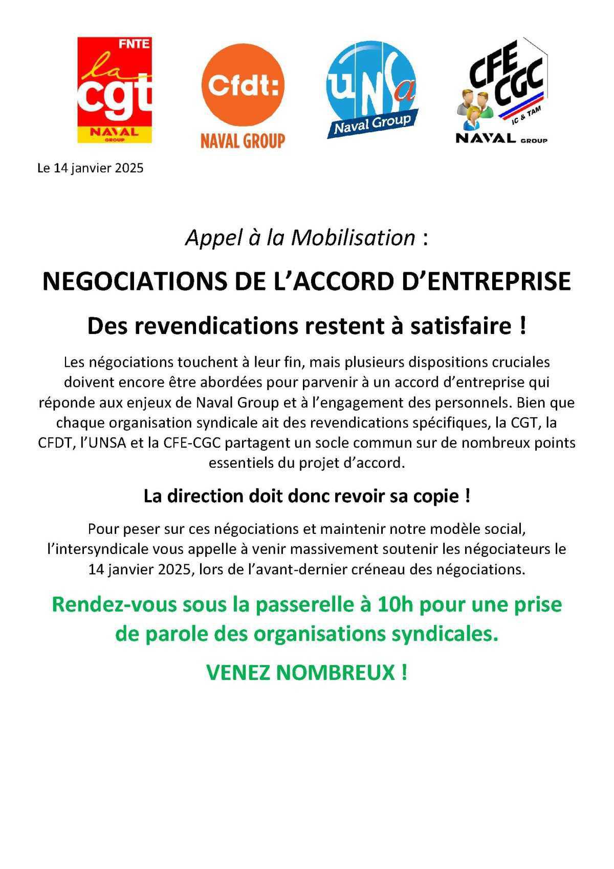 Accord entreprise : Appel Intersyndical - Mardi 14 Janvier, tous concernés !