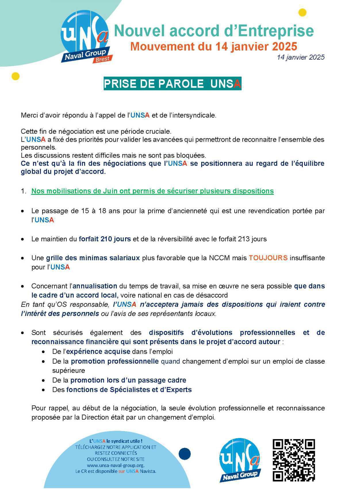 Accord entreprise : Prise de parole UNSA le mardi 14 Janvier 2025