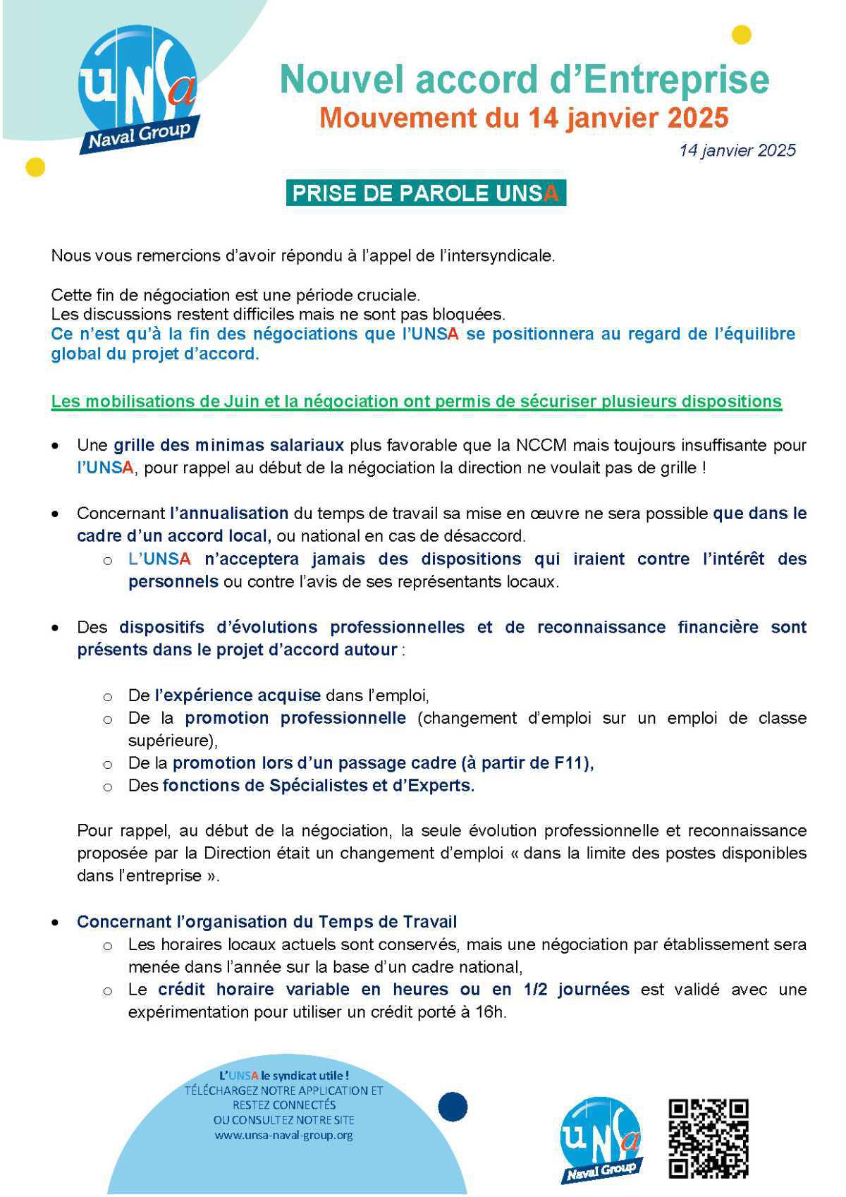 Accord entreprise : Prise de parole UNSA le mardi 14 Janvier 2025