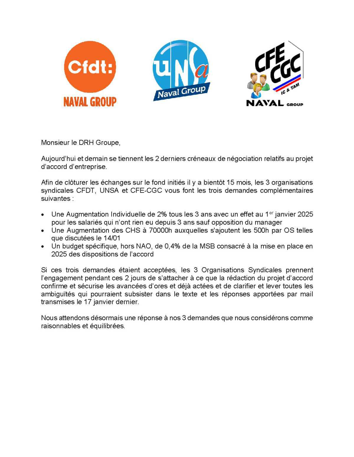 Nouvel Accord d'Entreprise : Déclaration liminaire CFDT/UNSA/CFE-CGC