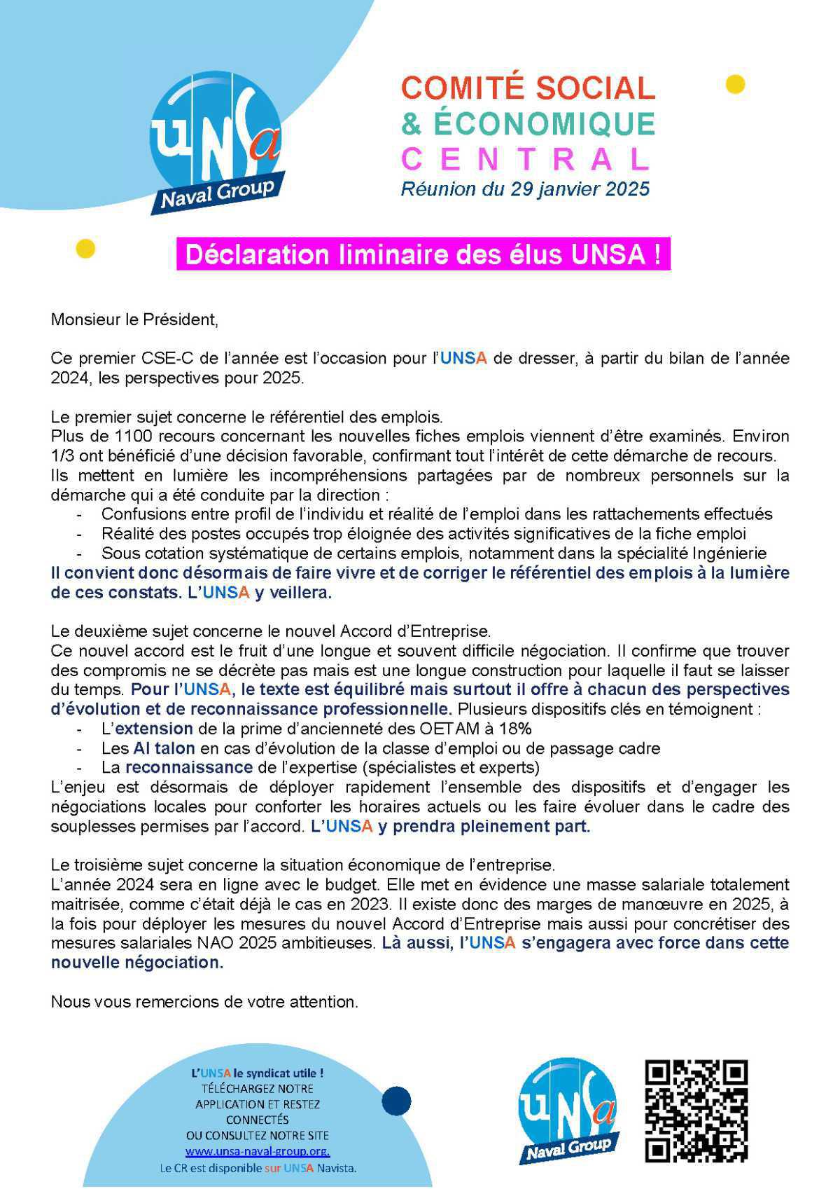 Réunion du 29 janvier 2025 - Déclaration liminaire