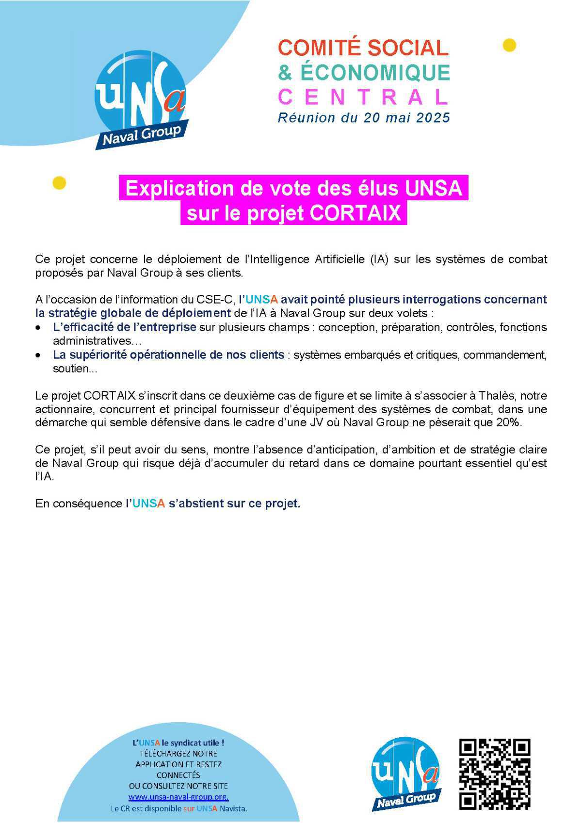 Réunion du 20 mai 2025 - Explications de vote des élus UNSA du CSEC