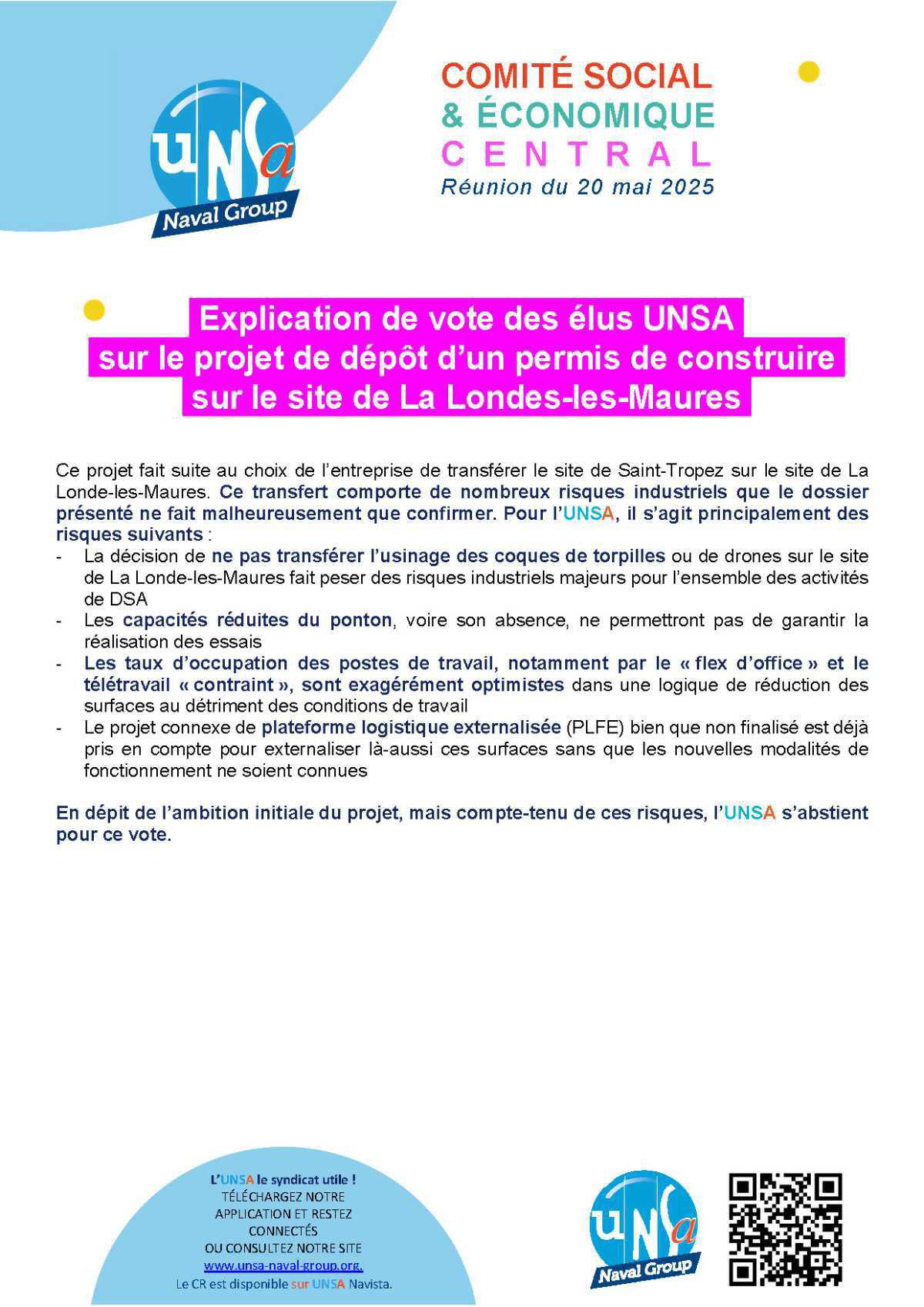 Réunion du 20 mai 2025 - Explications de vote des élus UNSA du CSEC