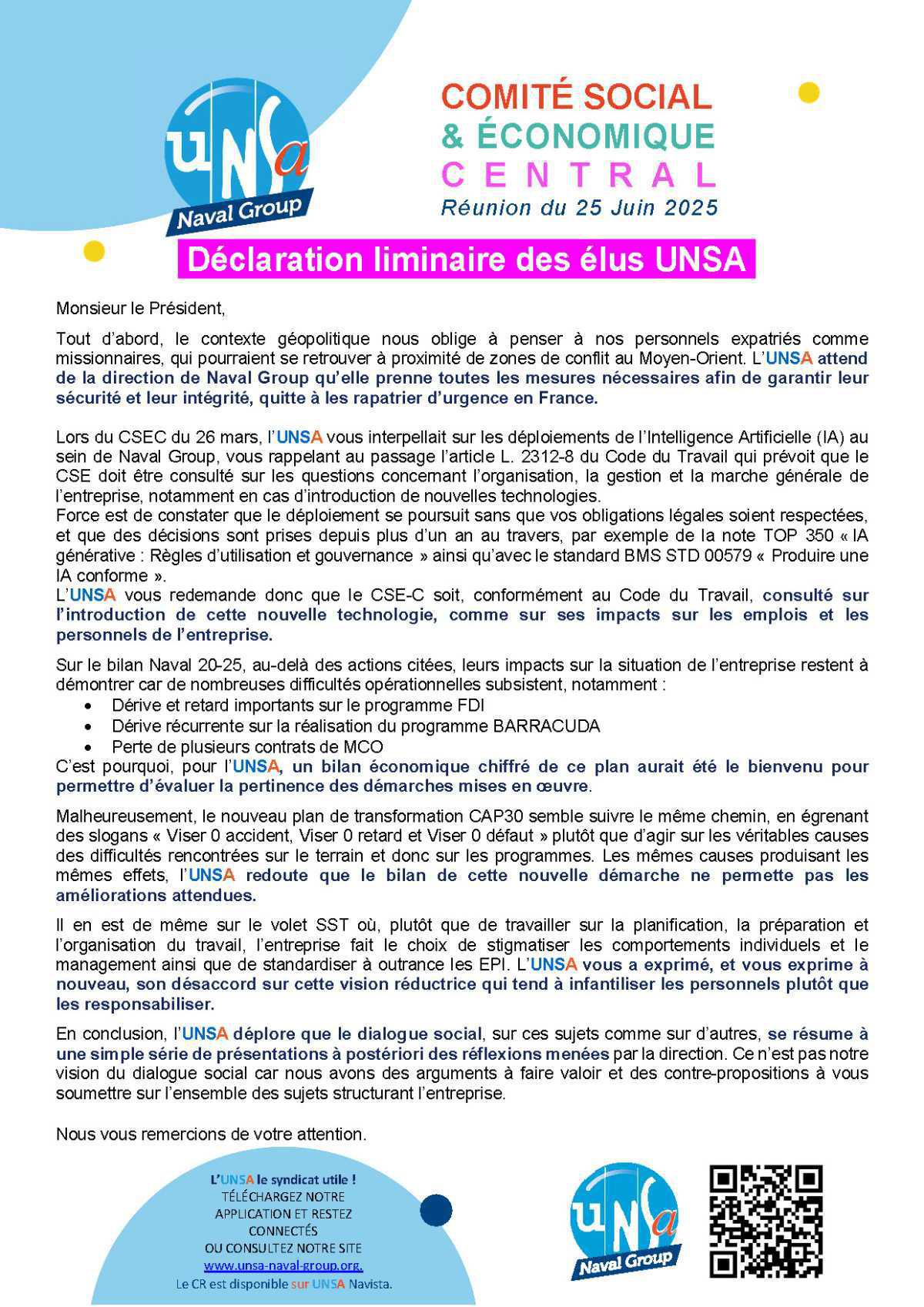Réunion du 25 et 26 juin 2025 - Déclaration liminaire