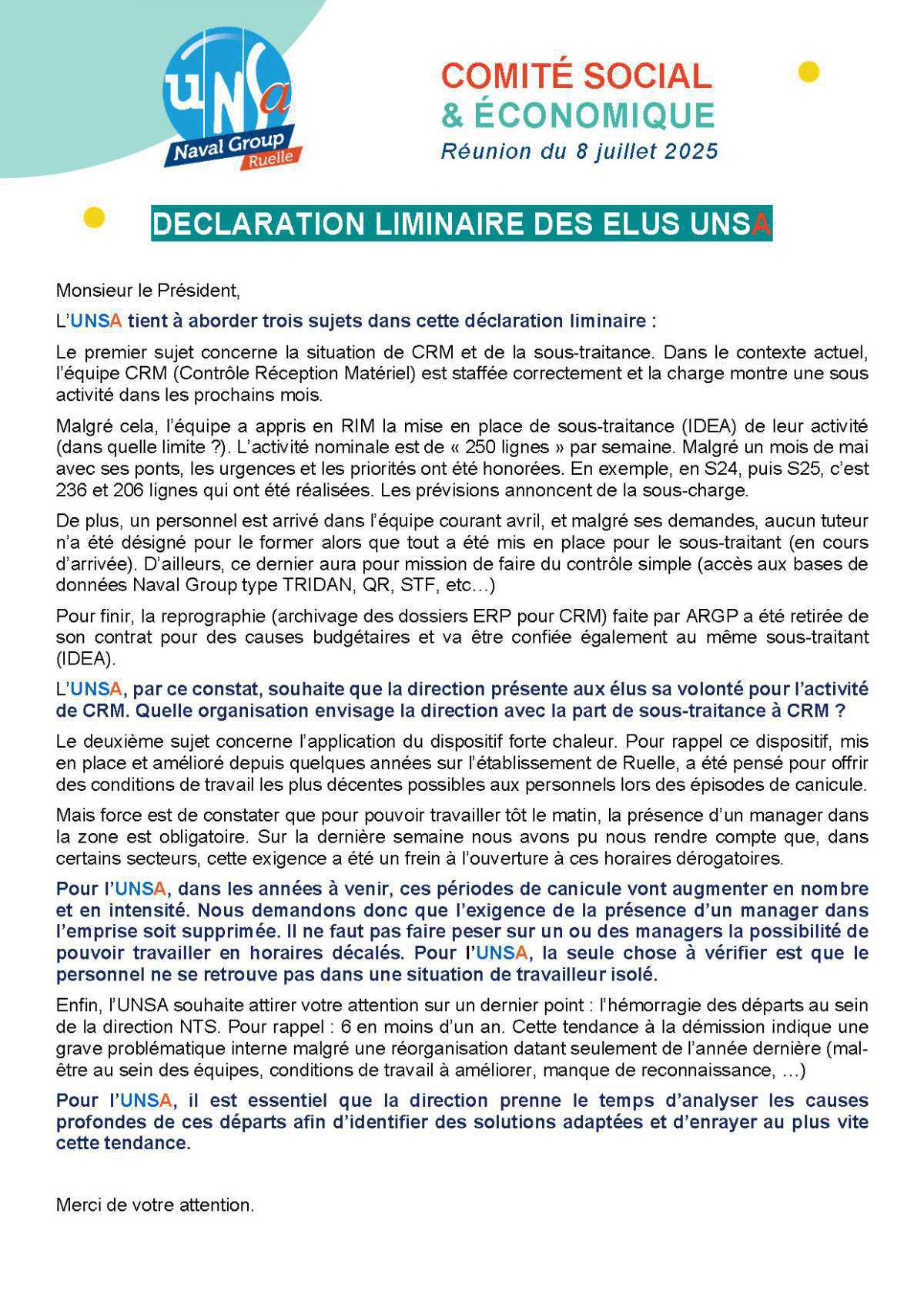 Réunion du 8 juillet 2025 - Déclaration liminaire