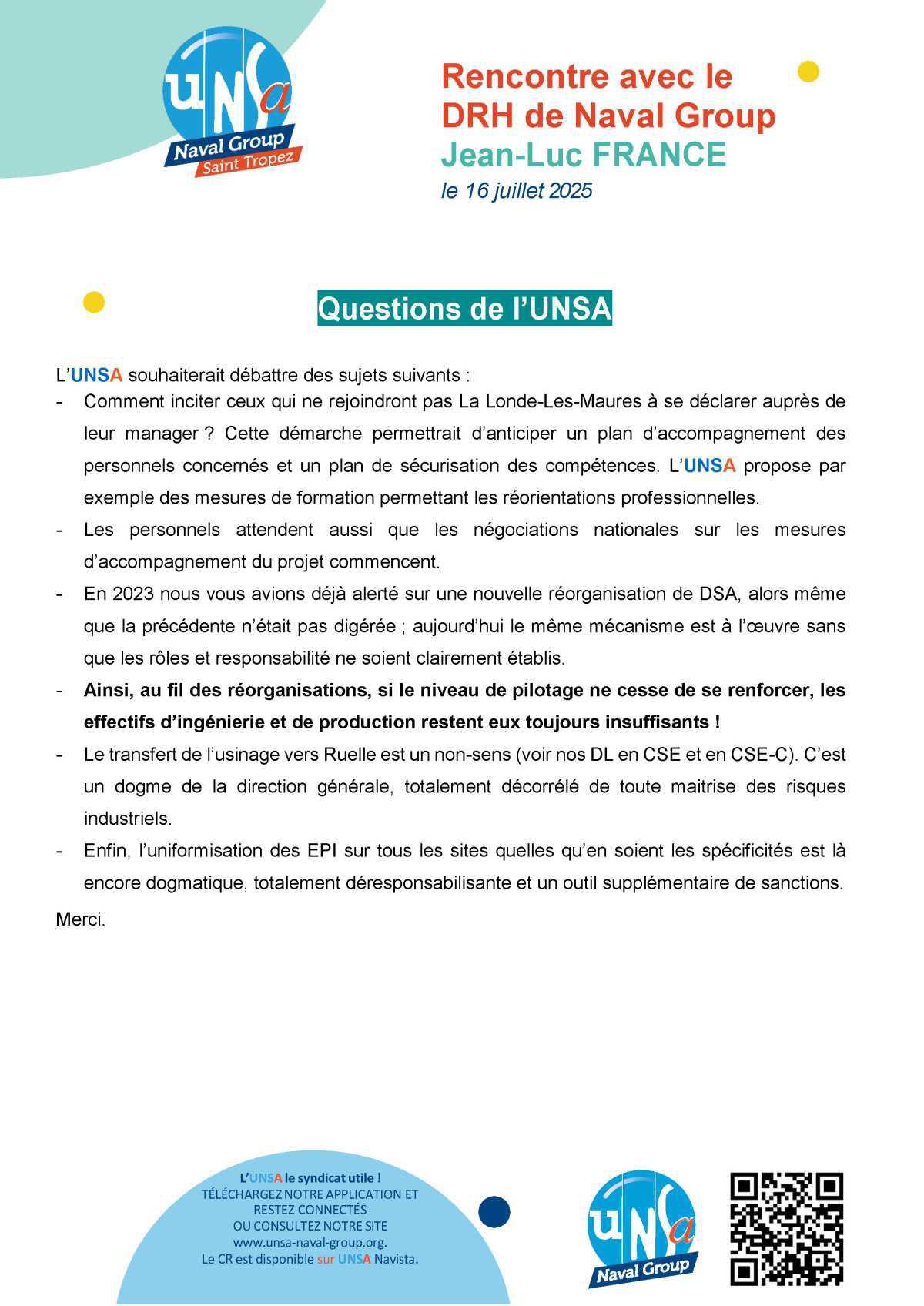 Rencontre avec le DRH de Naval Group : Réunion du 16 Juillet 2025