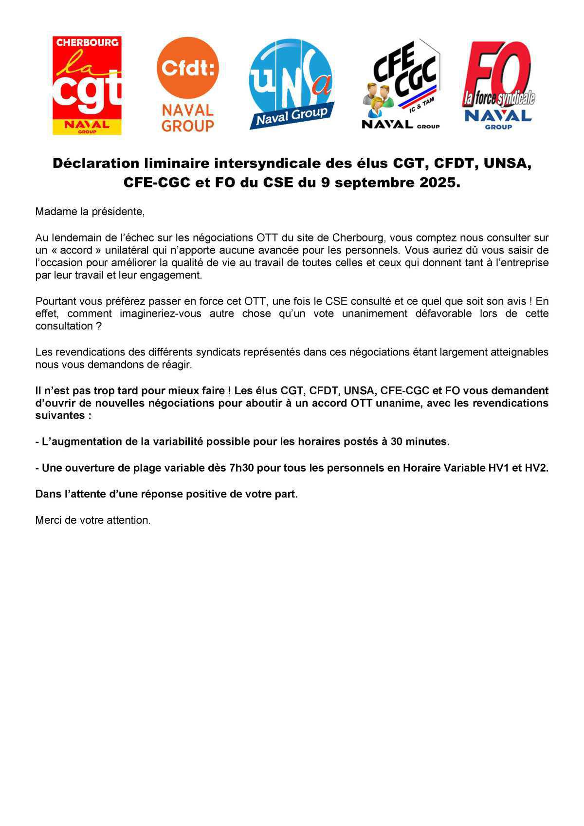 Réunion du 9 septembre 2025 - Déclaration liminaire Intersyndicale