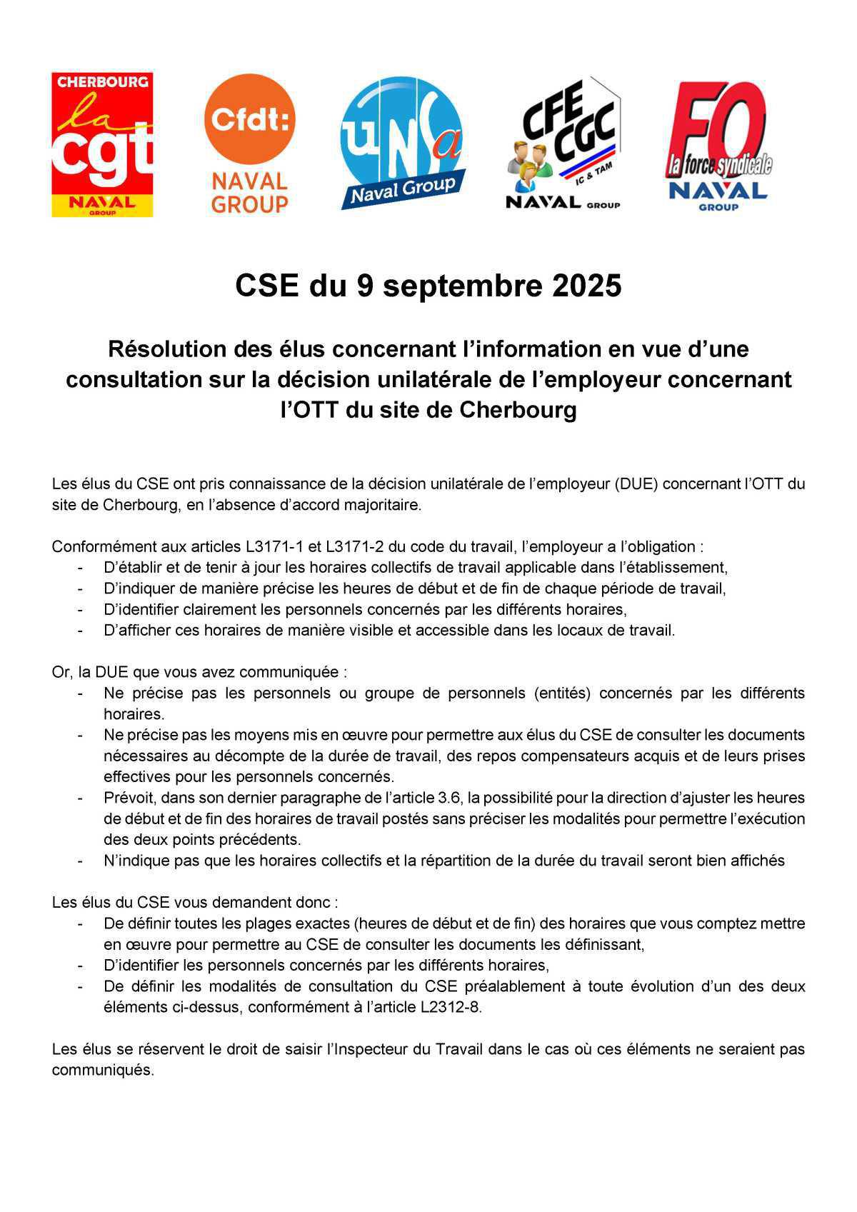 Réunion du 9 septembre 2025 - Résolution des élus 