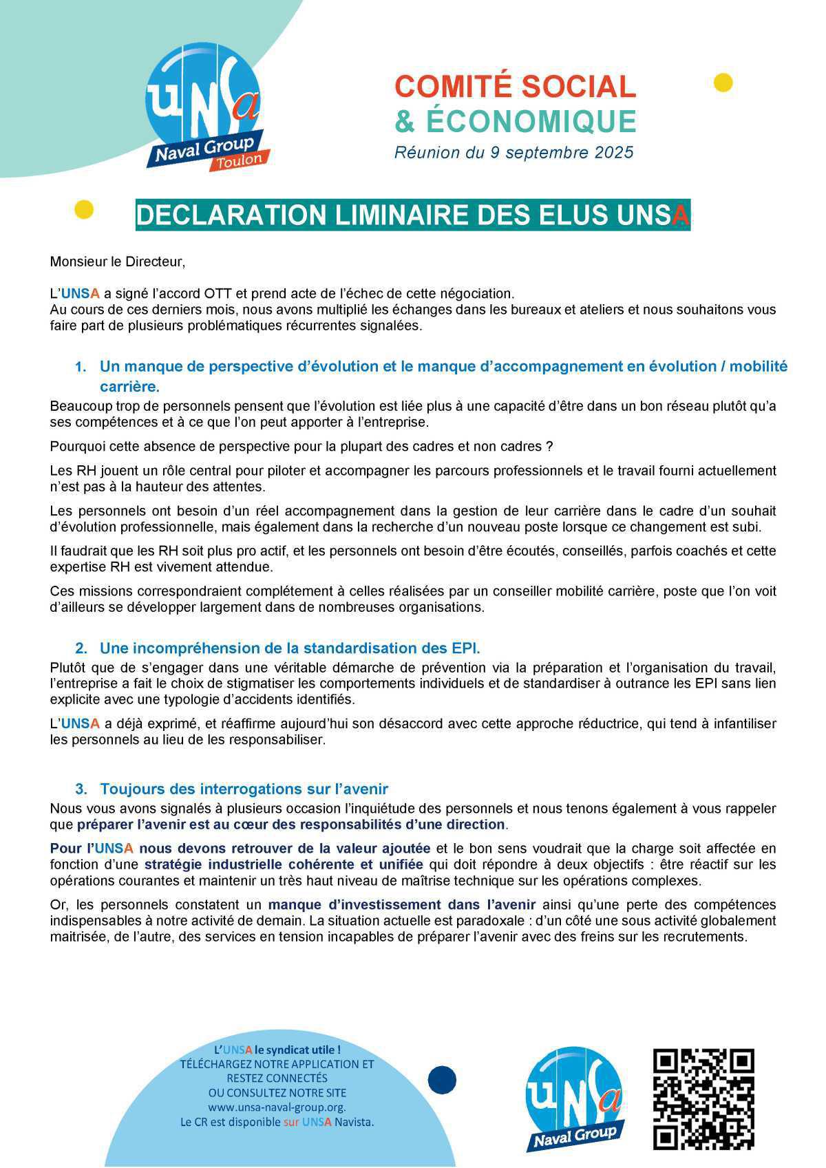 CSE de Toulon - Réunion du 9 septembre 2025 - Déclaration liminaire