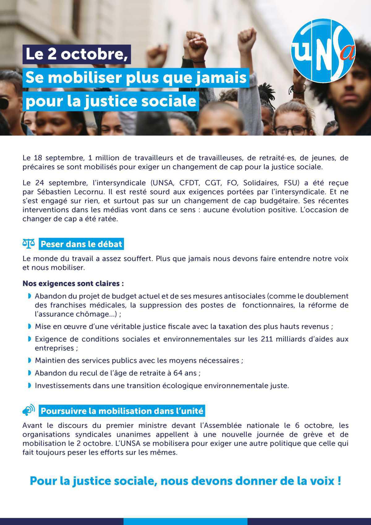 Communiqué UNSA - journée de mobilisation du 2 octobre
