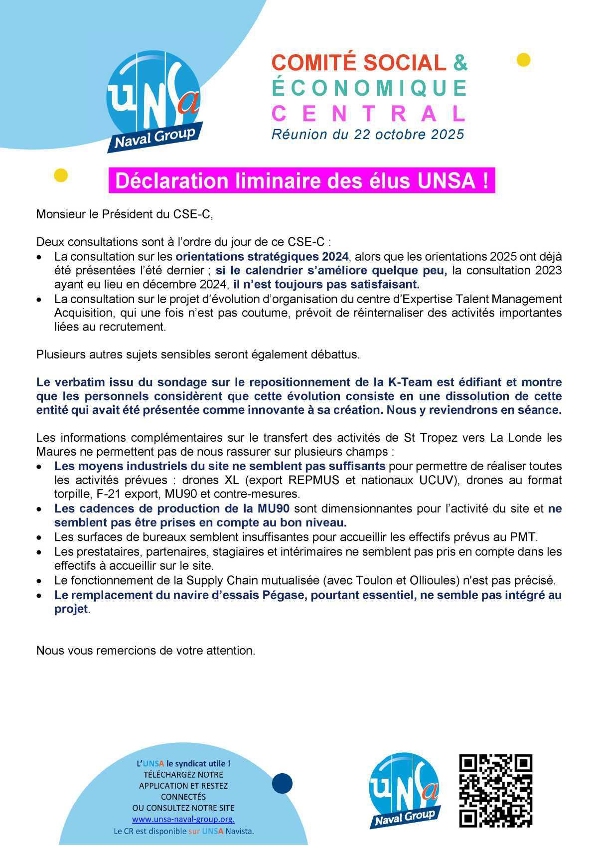 Réunion du 22 octobre 2025 - Déclaration liminaire